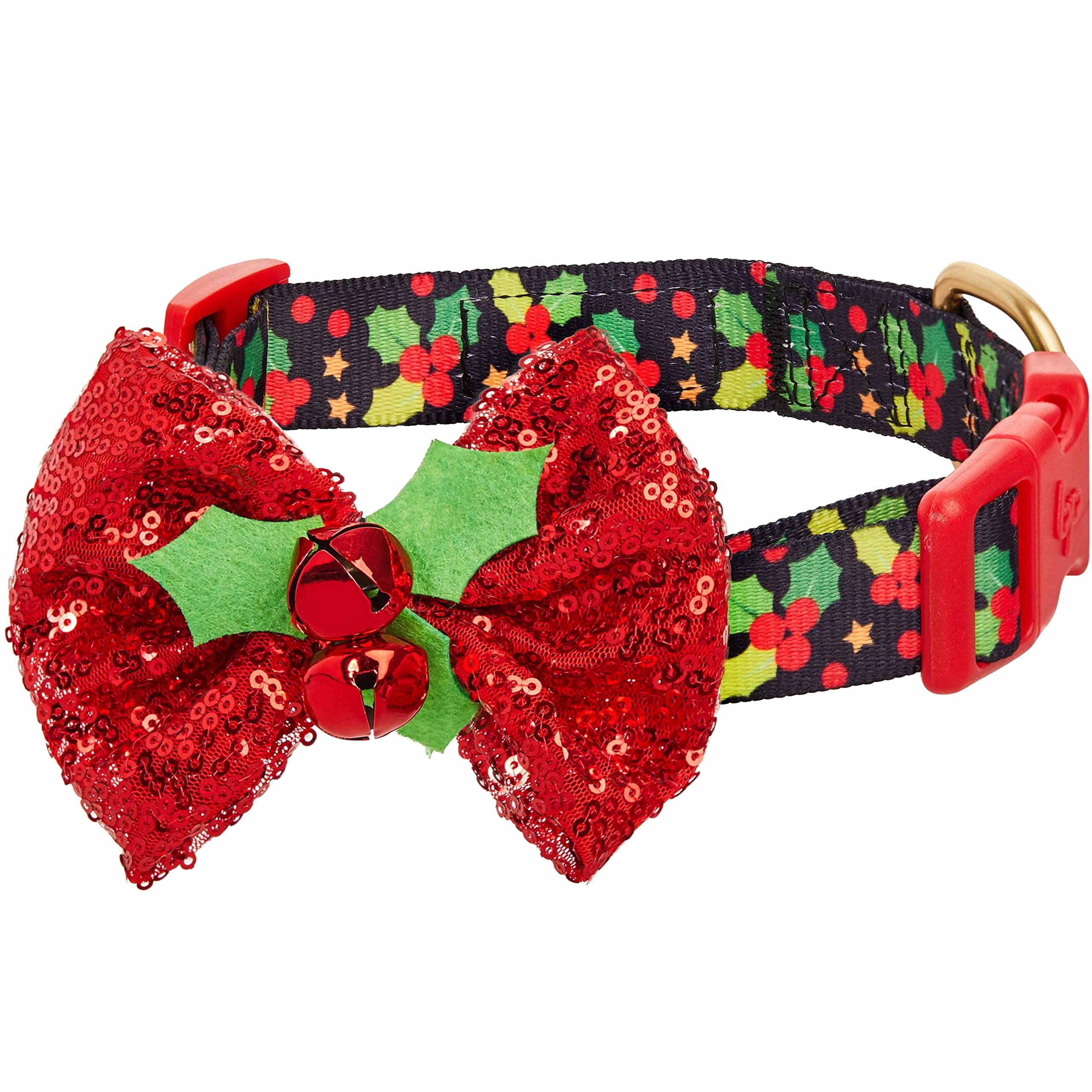 Blueberry Pet Christmas Holly Adjustable Dog Collar With Bowtie - Dog Collars For Small Dogs, Holiday Dog Collars, Christmas Col