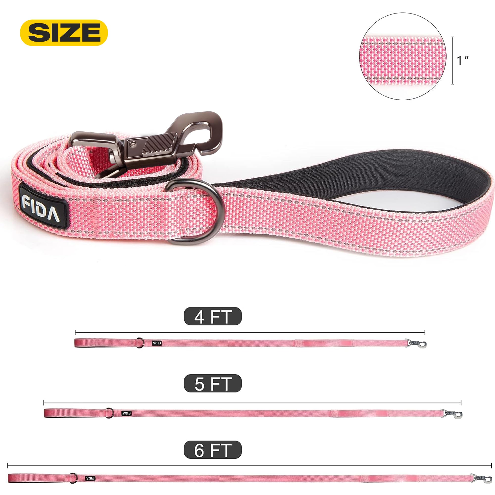 Fida 6 Ft Heavy Duty Dog Leash With 2 Comfortable Padded Handles, Traffic Handle & Advanced Easy Snap Hook, Reflective Walking Lead For Large, Medium & Small Breed, Pink