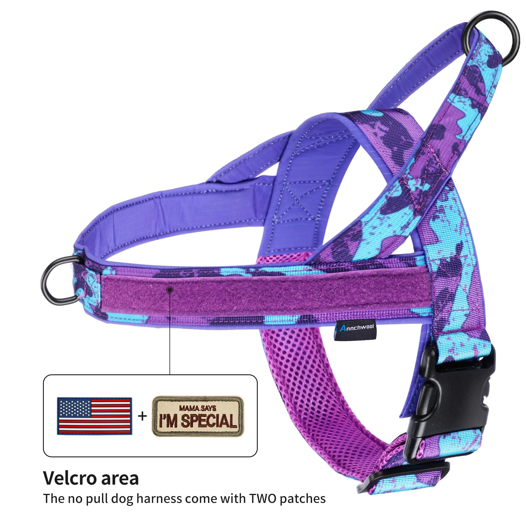 Annchwool No Pull Dog Harness with Padded Handle & Leash, XL, Camo Purple Set, Escape Proof, Easy Fit for Small to Large Dogs