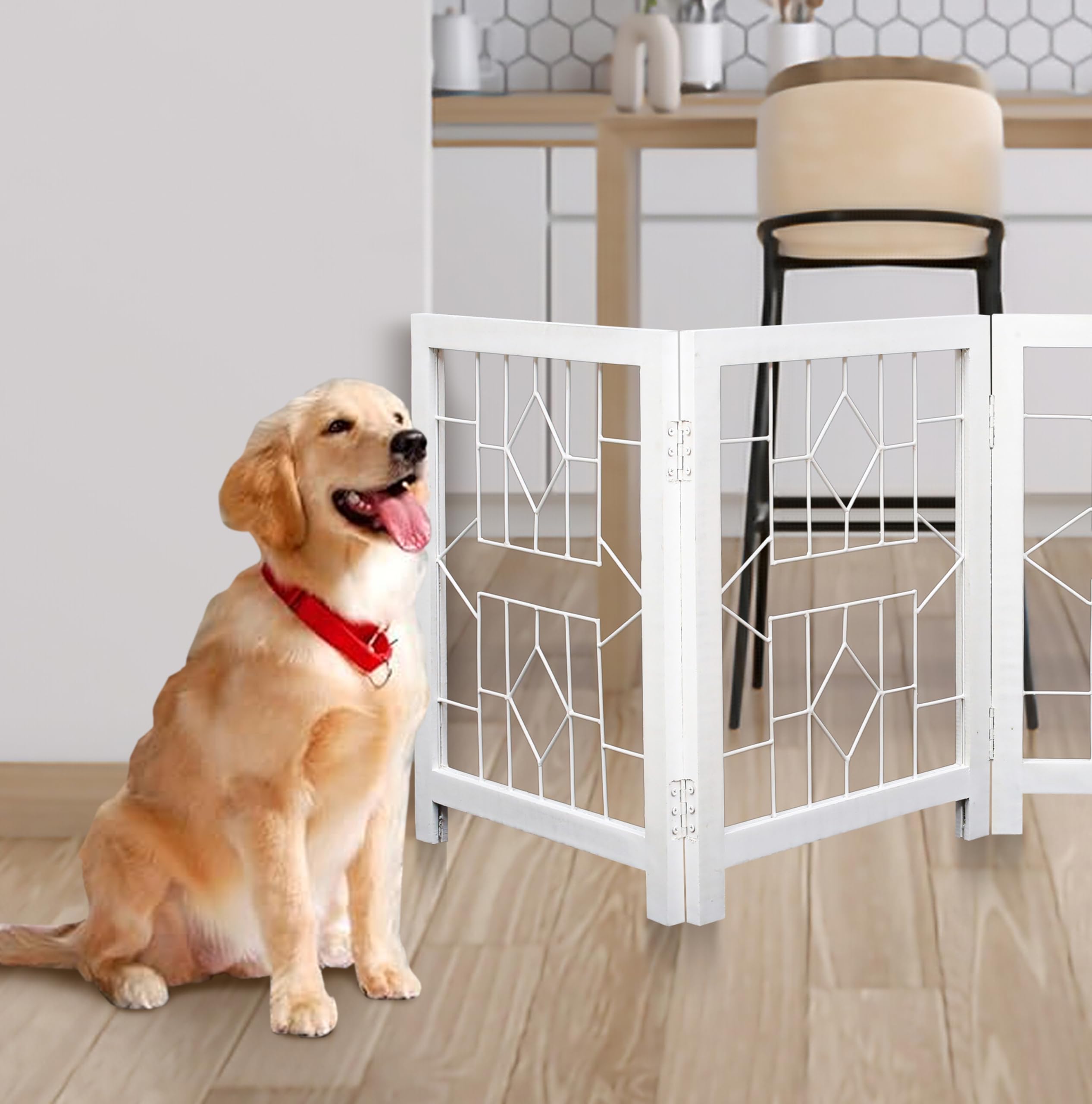 Foldable Freestanding Wooden Dog Gate - 72 Wide, 4 Panels (18 Each), Indoor Pet Gate For Doorways, Stairs & Home - White