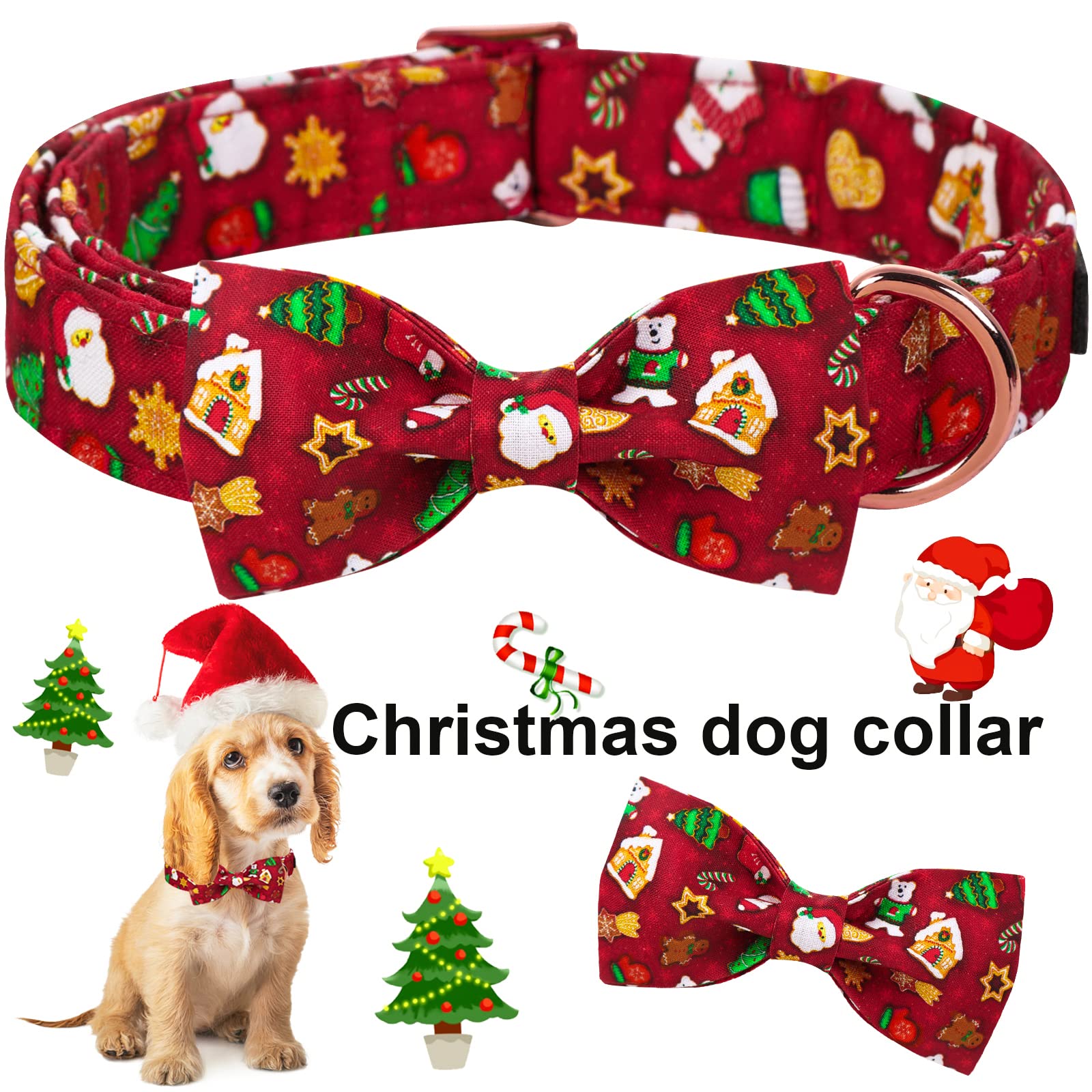 Aring Pet Christmas Dog Collar, Cute Santa Claus Dog Collar With Bowtie, Cotton Red Christmas Dog Collar Bow With Metal Buckle For Small Medium Large Boy And Girl Dogs