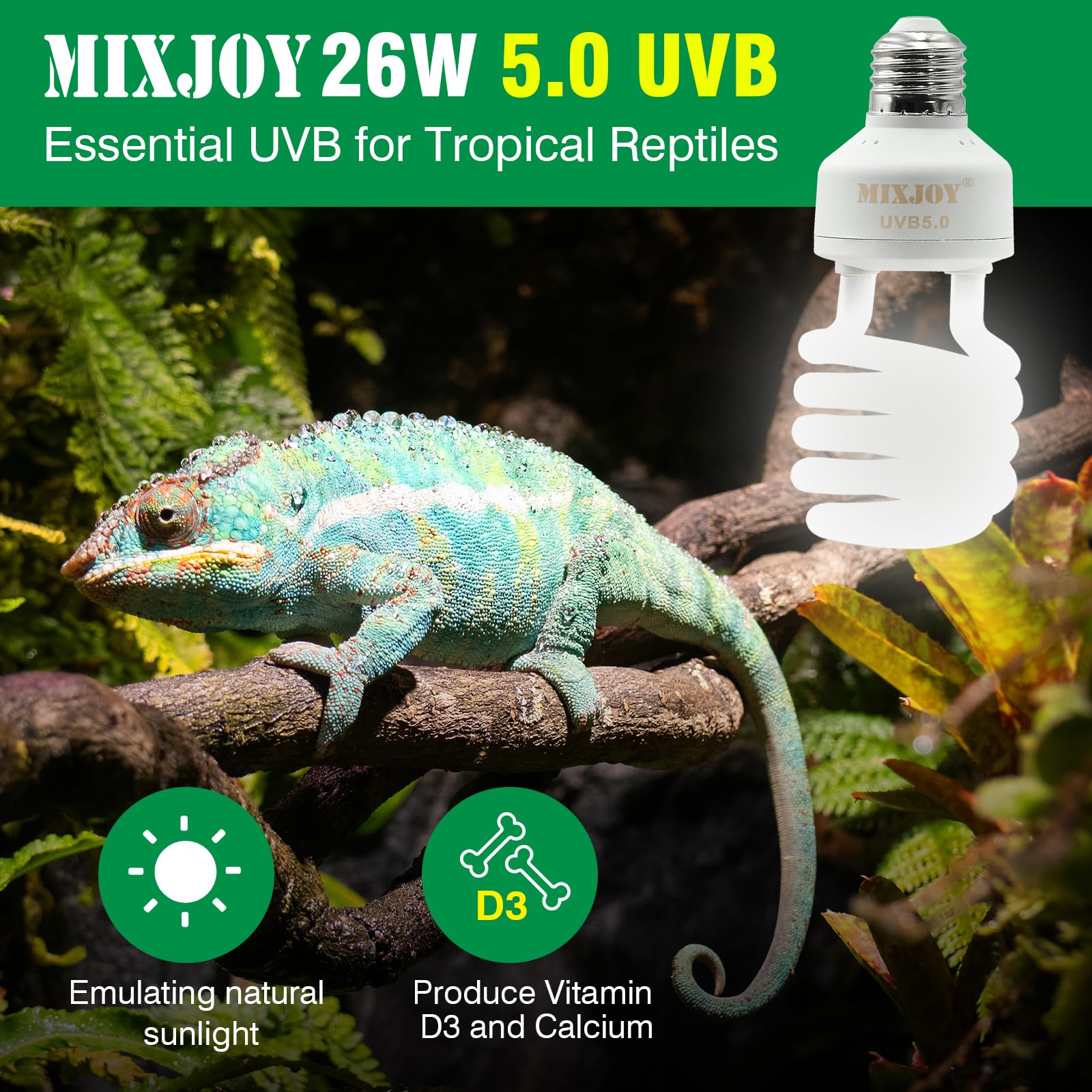Mixjoy Uvb Bulbs For Reptiles 5.0, 26W Tropical Uva Uvb Light, Compact Fluorescent Uvb Lamp For Reptiles, Uvb Light For Chameleo
