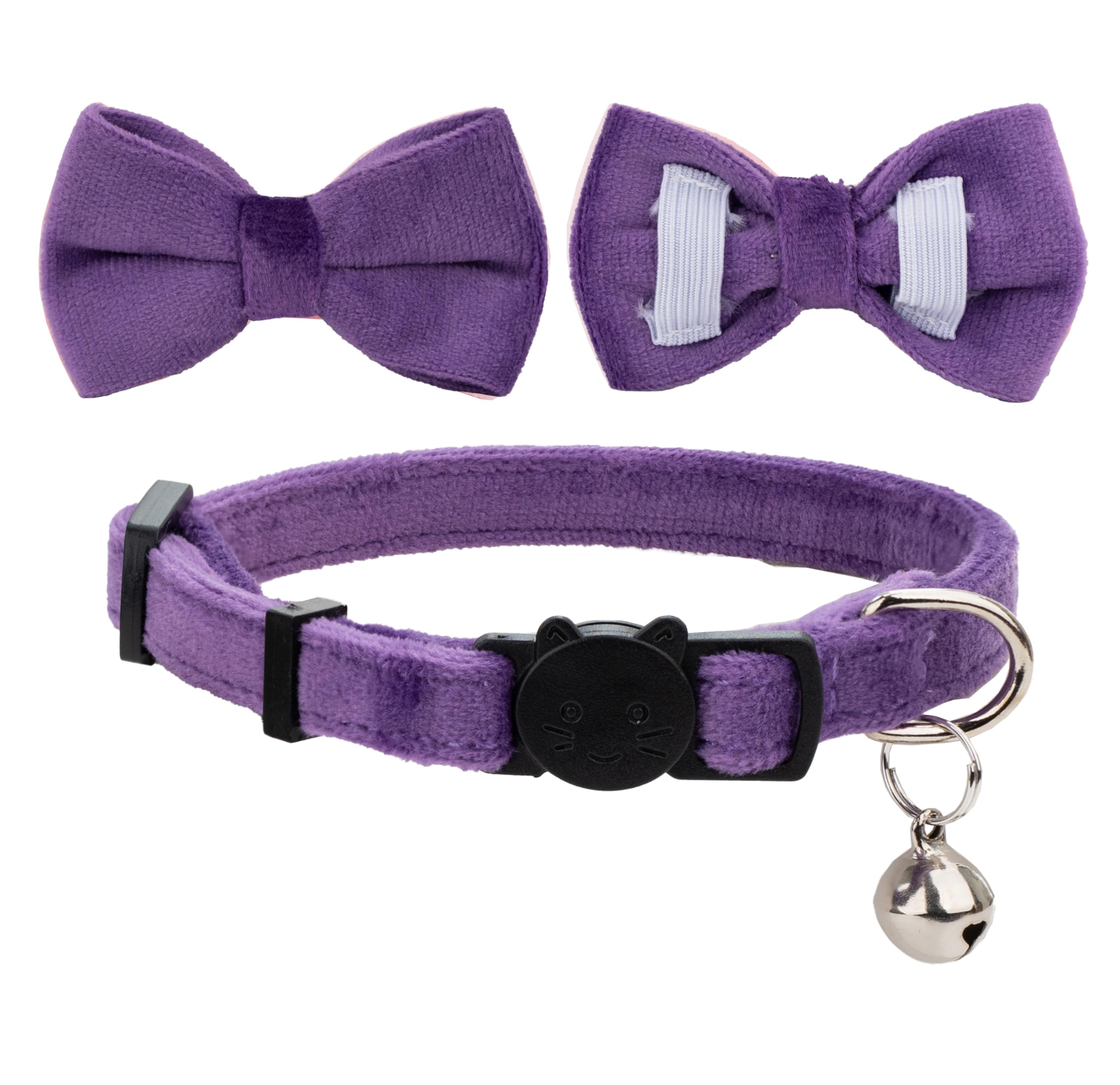 Gyapet Cat Collar Breakaway With Bell Boy Girl Kitten Bow Tie Safety Plaid Solid Color Set Cute Soft Summer B-[2Pcs] Purple