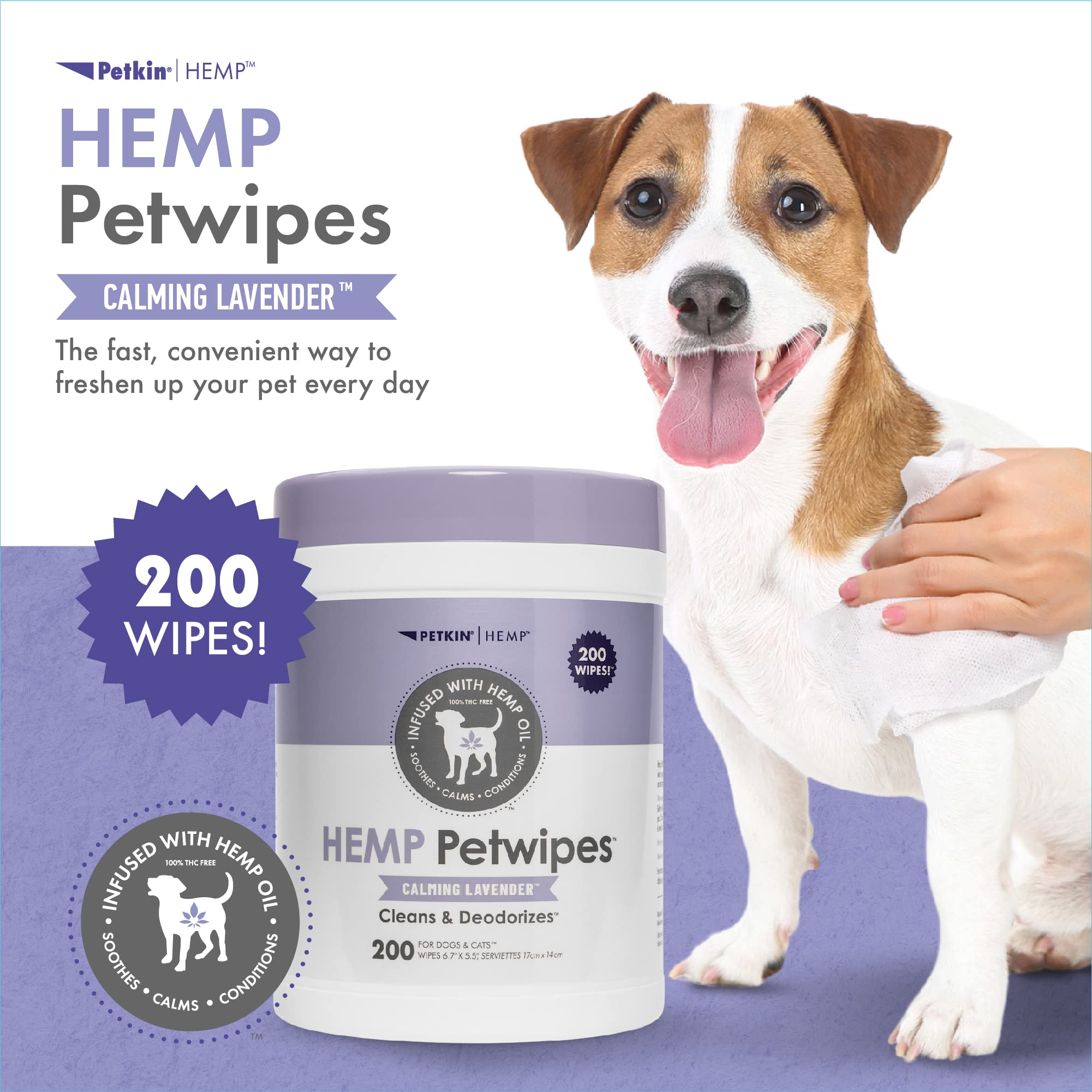 Petkin Hemp Pet Wipes For Dogs And Cats - With Hemp Oil & Calming Lavender Scent, 200 Count - Soothes, Calms & Conditions - Wipe