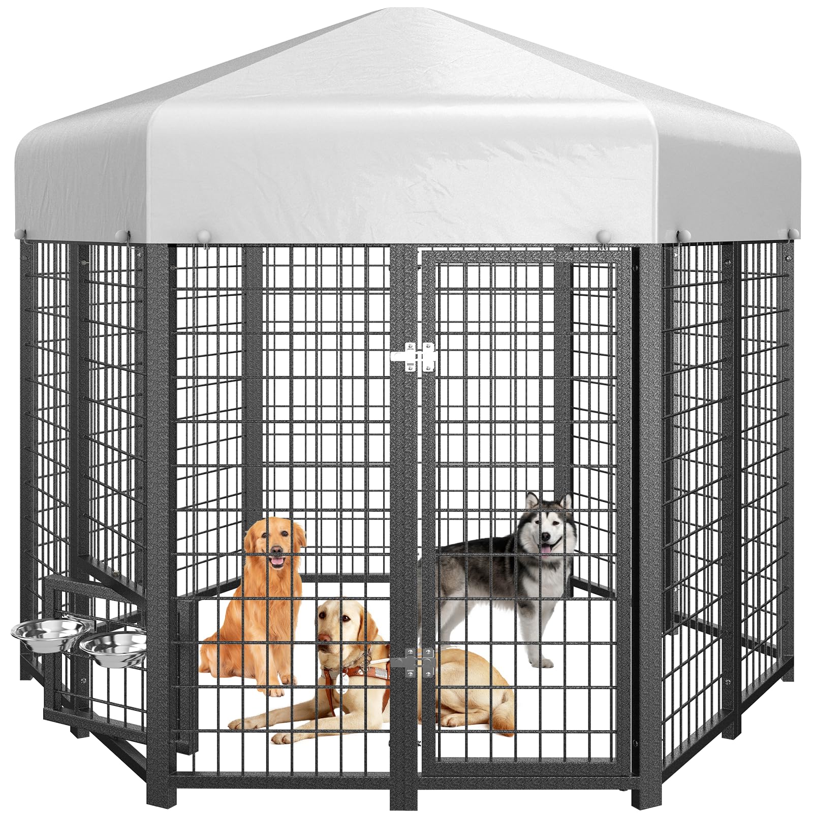 Guiferland Round-Like Dog Kennel Pen Outside Outdoor Dog Run With Roof, Swivel Feeders/Doggy Door Allow Connecting Dog House- Pe