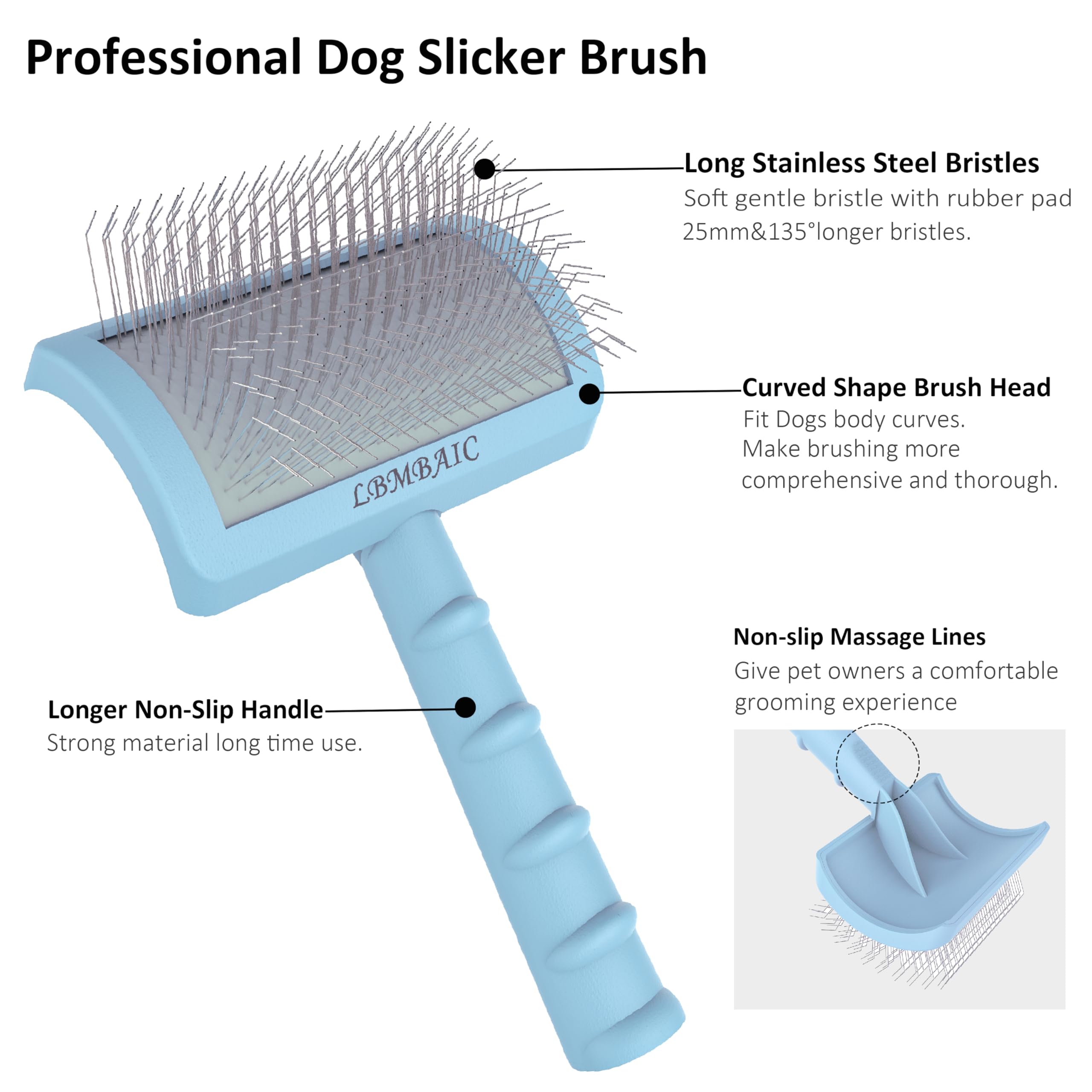 LBMBAIC Slicker Brush for Dogs & Cats - Curved, Soft Pins for Thick Fur - Blue