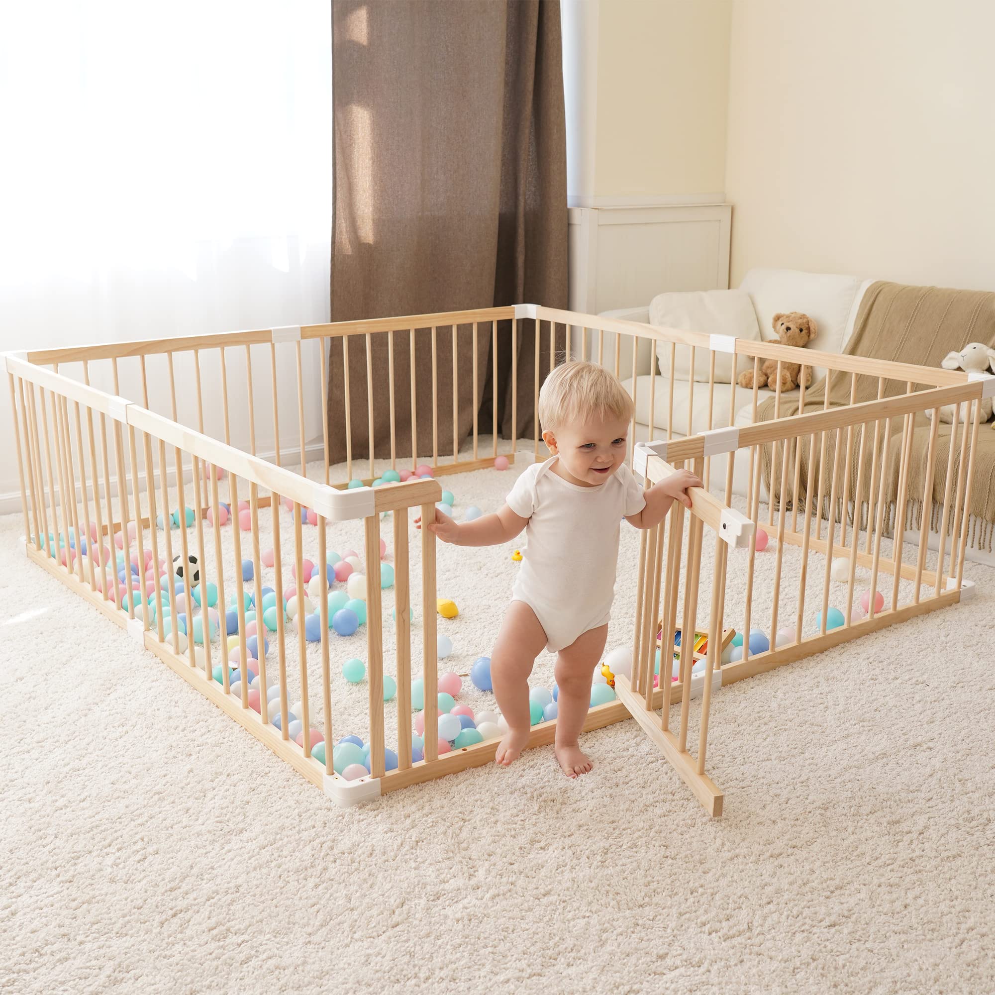 GGF Wooden Baby Playpen -63 * 47 * 24 in, Large Wood Gate Playpen for Babies and Toddlers, Baby Fence Play Yard with Door for Ki