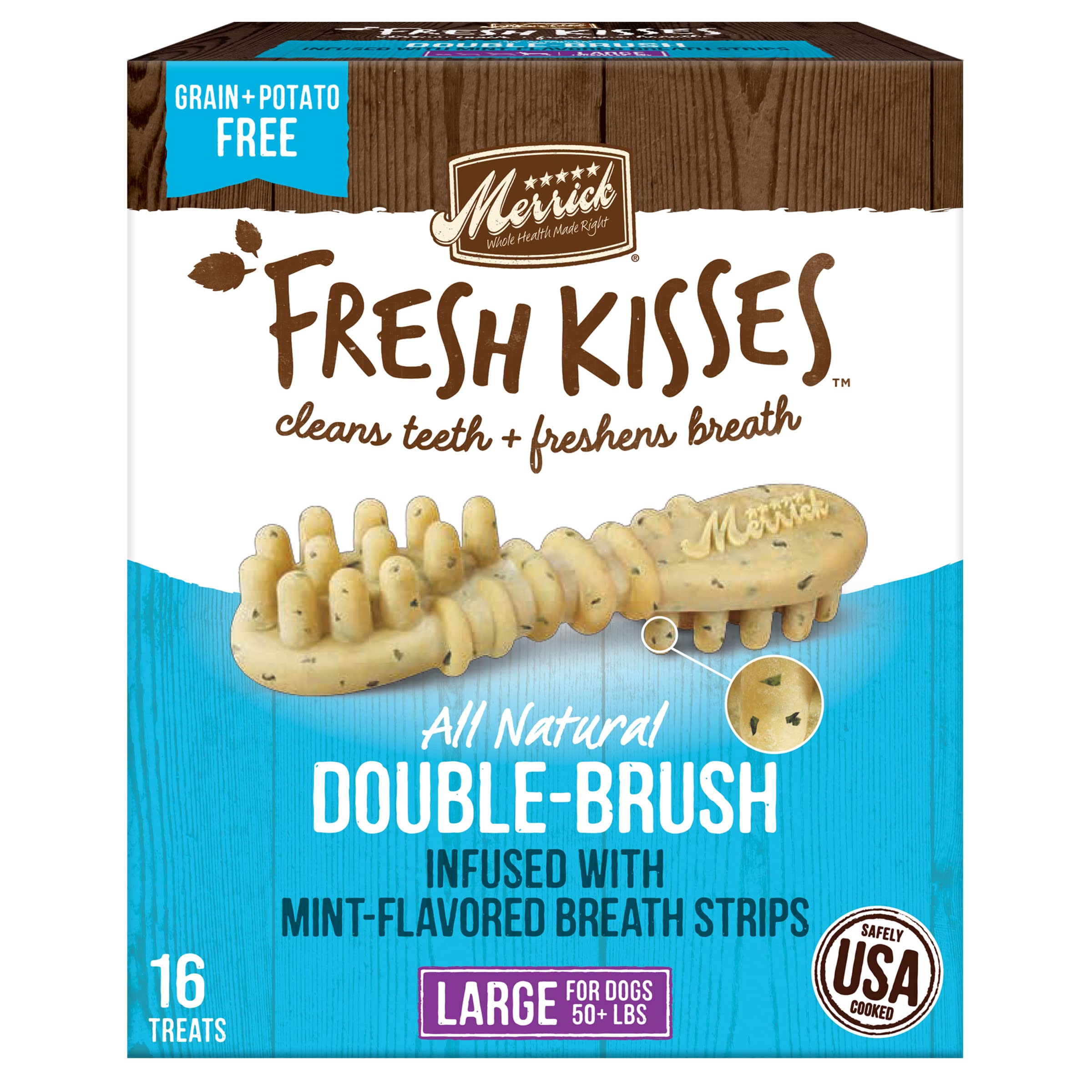 Merrick Fresh Kisses Natural Dental Chews, Toothbrush Shape Treat Infused With Real Mint, For Large Dogs - 16 ct. Box