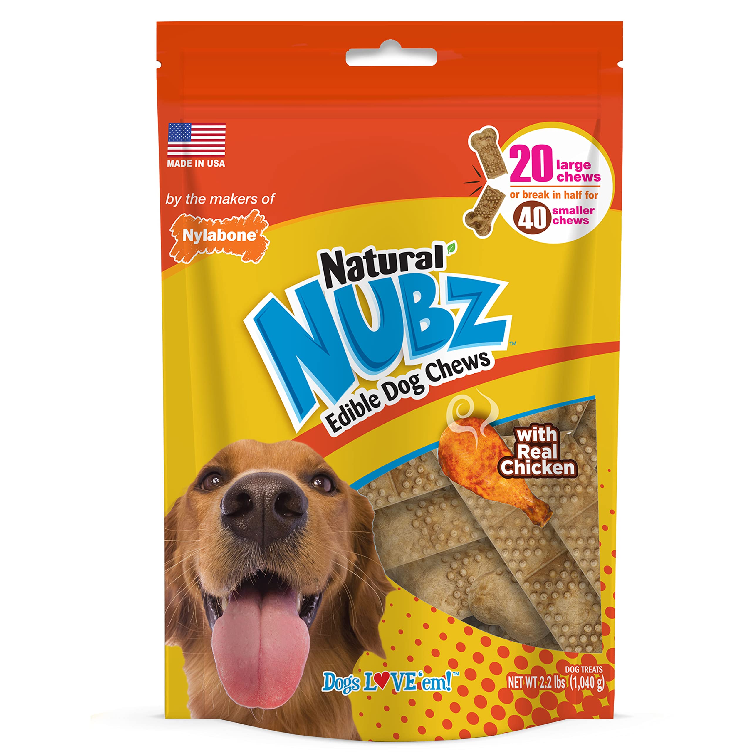 Nylabone Nubz Natural Edible Chew Treats for Dogs, Long Lasting Chews Made in USA, Chicken Flavor, Large - Up to 50 lbs. (20 Cou