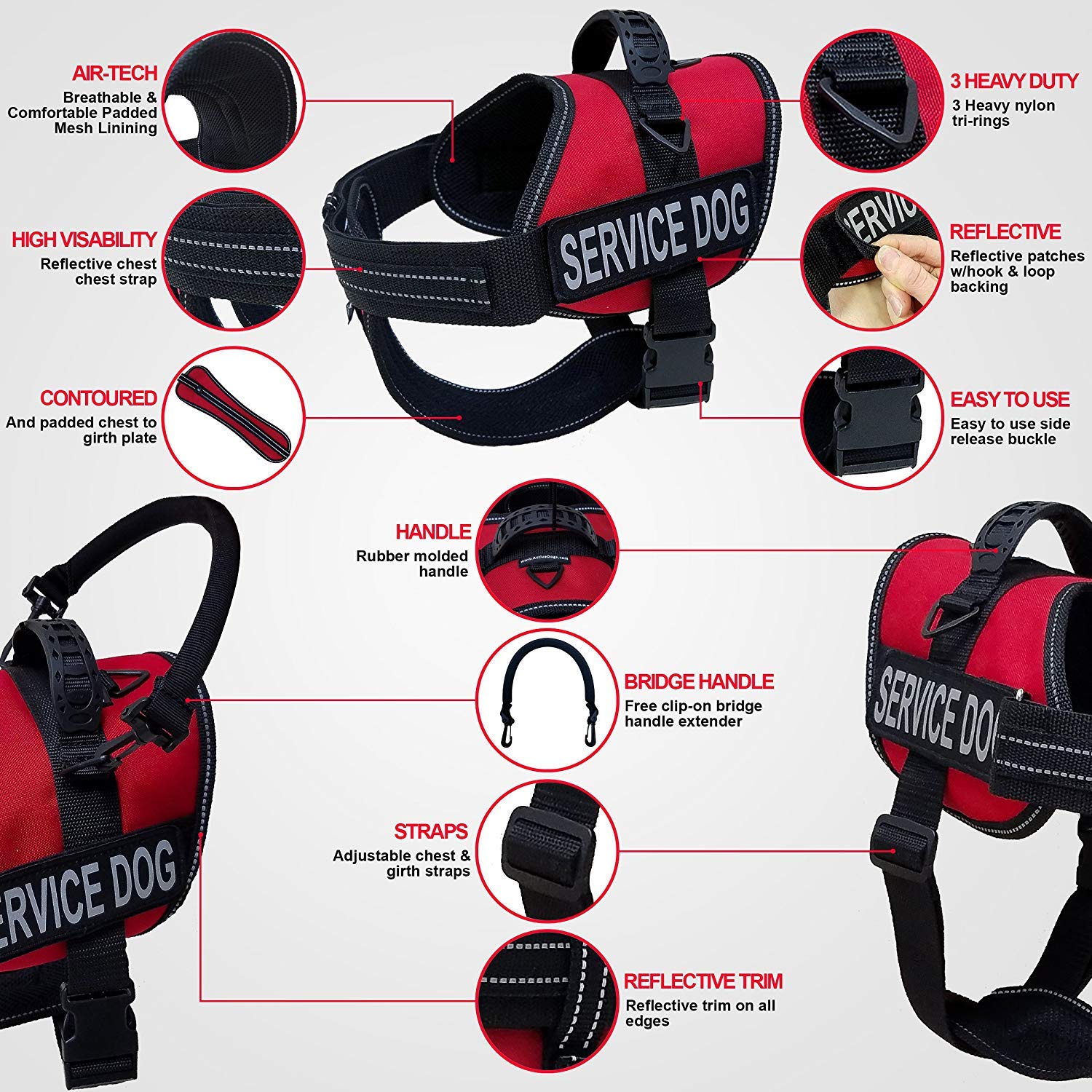 Activedogs Service Dog Vest Harness 2Xl Dogs + Clip-On Bridge Sturdy Handle + Id Card Carrier + Ada Cards + Reflective Service Dog Patches - Extra Large Service Dog Harness Vest (Girth 32”-44”) Red