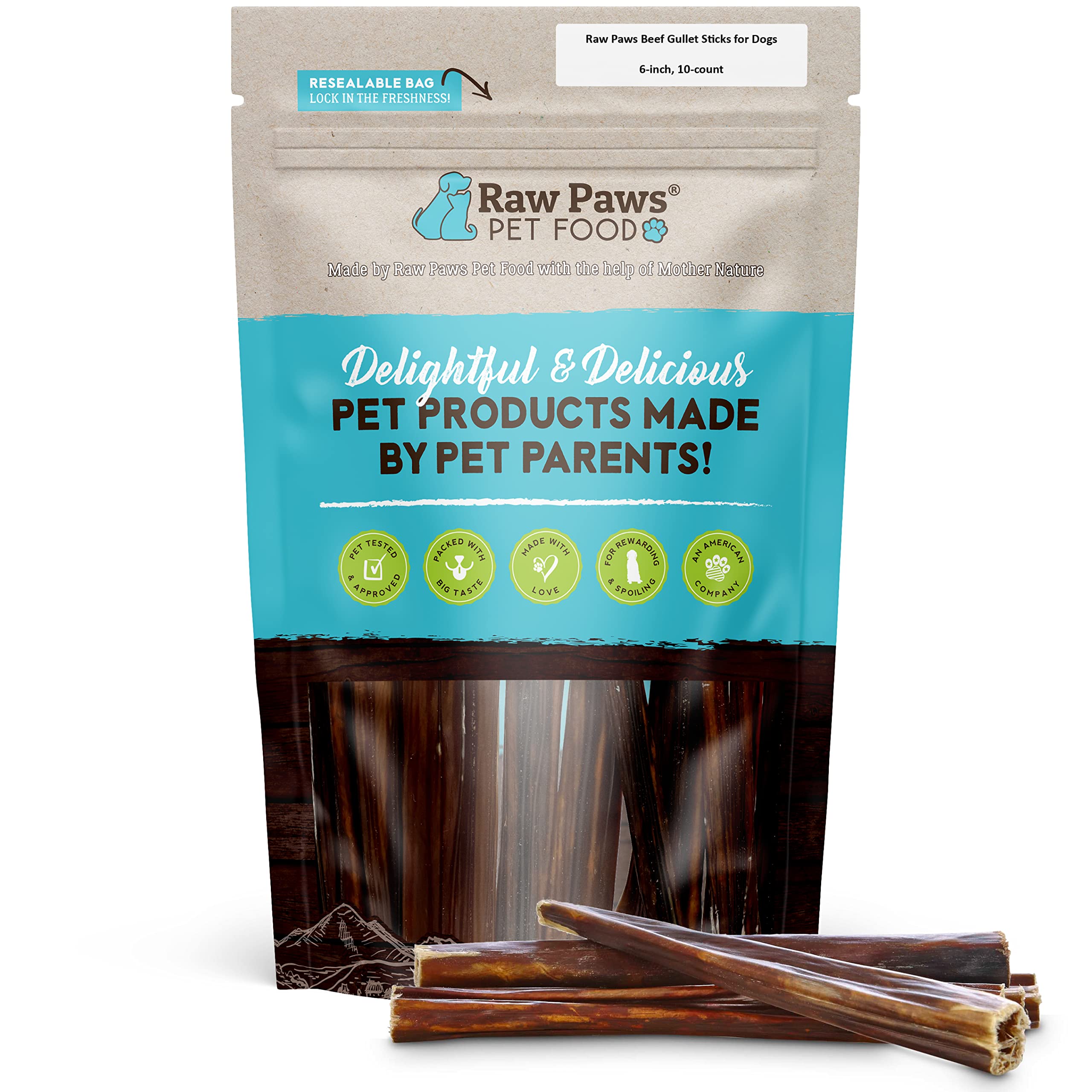 Raw Paws 6-inch Beef Gullet Sticks for Dogs, 10-ct - All-Natural, Free-Range, Antibiotic-Free, No Hormones Gullet Sticks for Sma