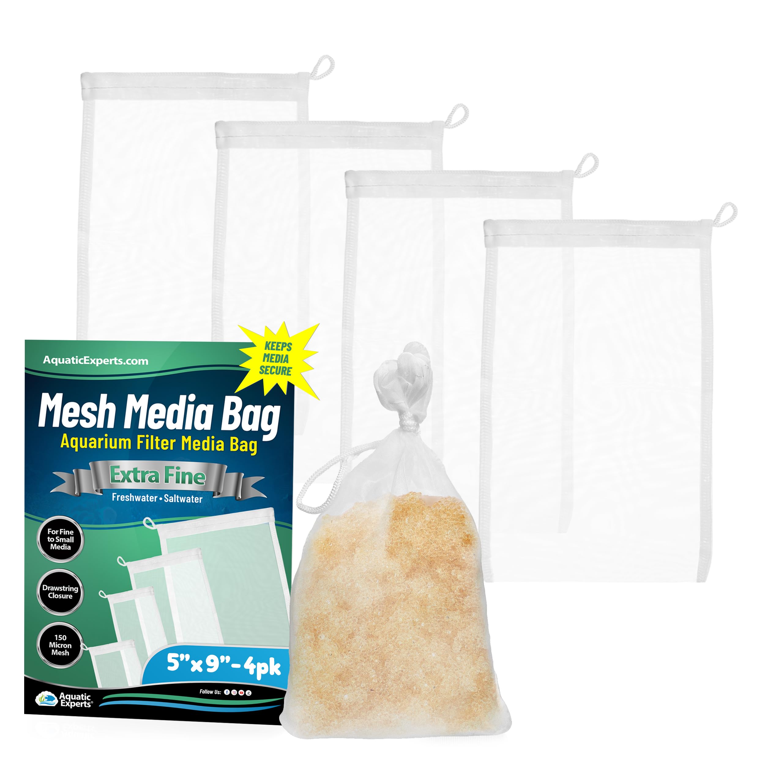Aquatic Experts Extra Fine Aquarium Media Bag, Durable Drawstring Bags For Fish Tank Filters,150 Micron Mesh, (Extra Fine, 5'' X