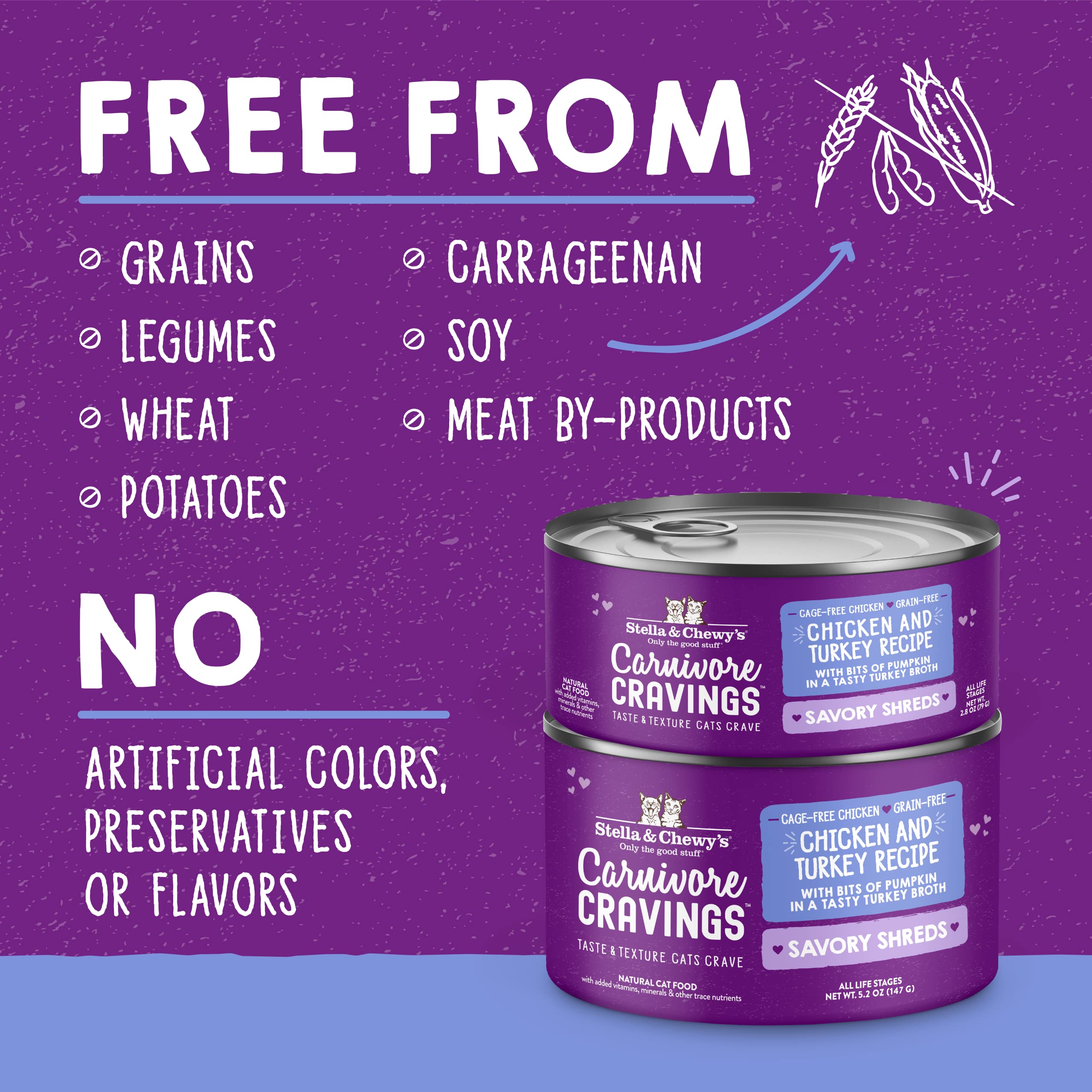 Stella & Chewys Carnivore Cravings Savory Shreds Cans - Grain Free, Protein Rich Wet Cat Food - Cage-Free Chicken & Turkey Recip
