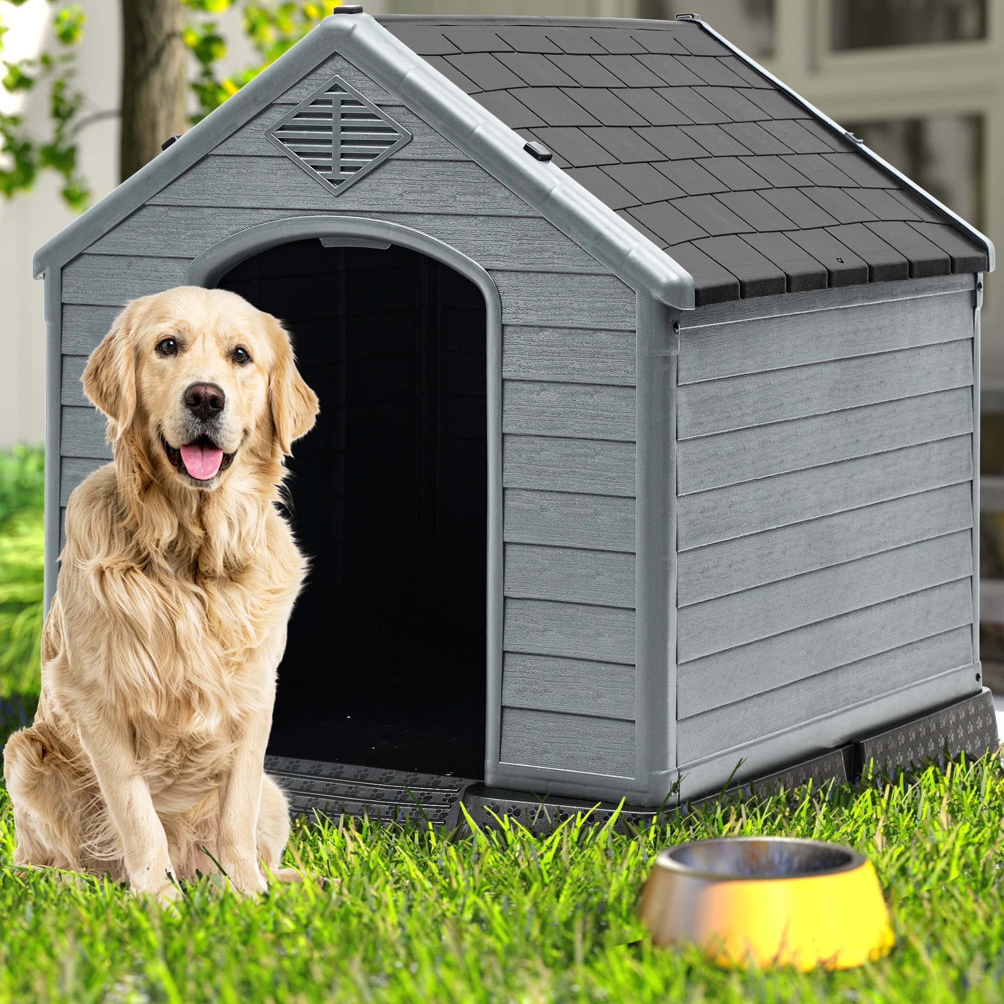 DWVO Spacious Plastic Dog Shelter, Weatherproof Outdoor/Indoor Doghouse, Puppy Kennel with Air Vents and Elevated Floor, 41.3L