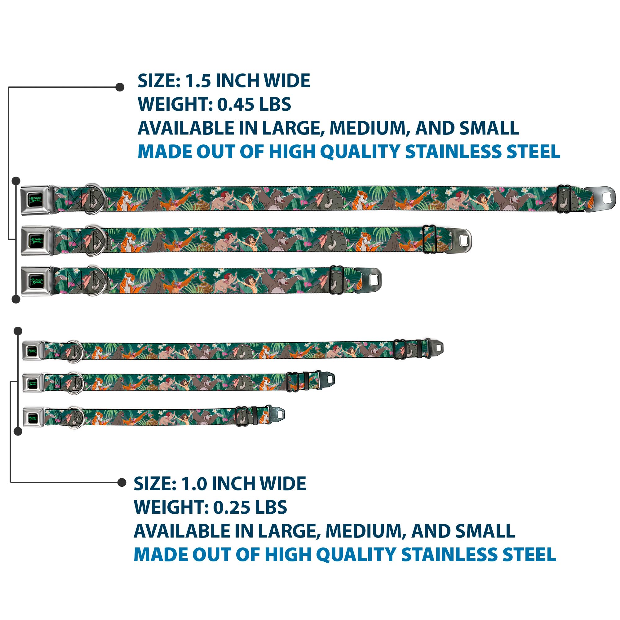 Dog Collar Seatbelt Buckle The Jungle Book 8 Character Group Greens 15 To 26 Inches 1.0 Inch Wide