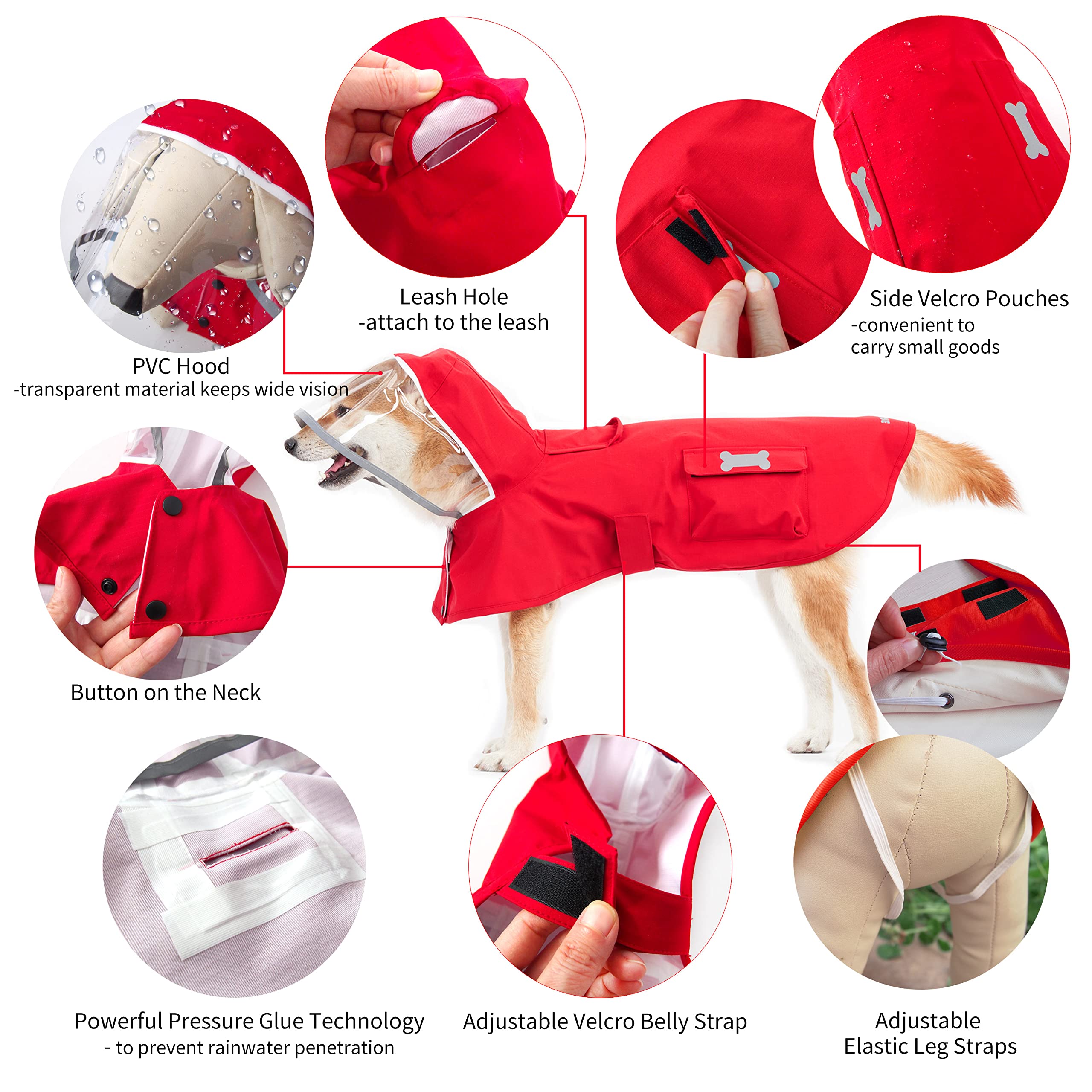 Dog Waterproof Raincoat With Poncho Hoodie, High Reflective Adjustable Yellow Pet Rain Jacket With Leash Hole For Small Medium And Large Dogs (Red, X-Large)
