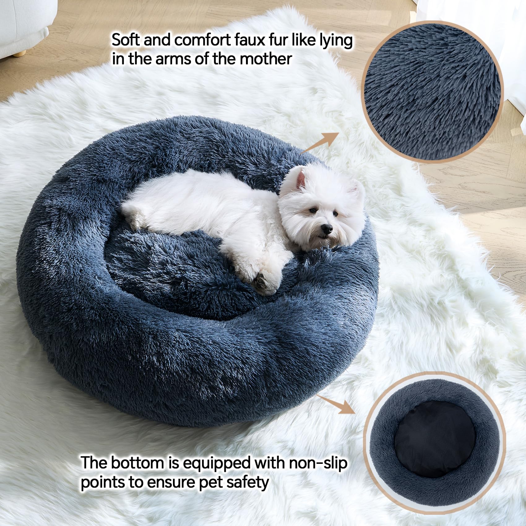 Calming Small Dog Bed, Donut Fluffy Anti-Anxiety Round Washable Cute Bed, Plush Cozy Cuddler Warming Soft Comfort Pet Bed For Sm