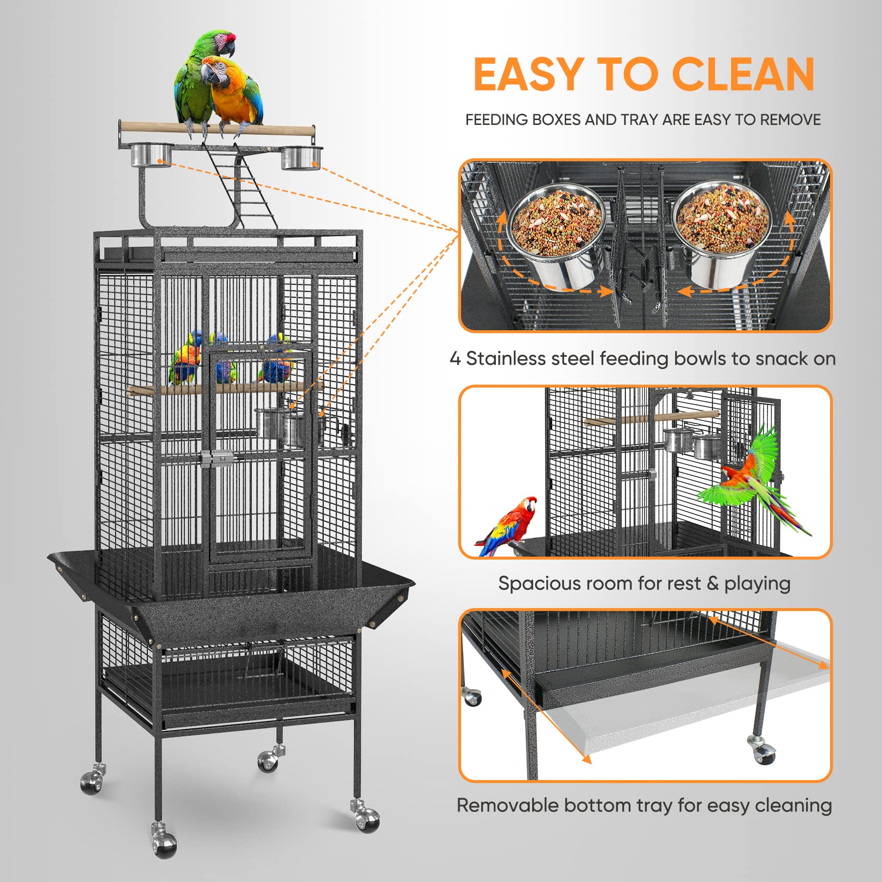 SUPER DEAL 61" 2-in-1 Large Wrought Iron Bird Cage with Rolling Stand - Black, Model 920 for Parrots, Finches, and Cockatoos