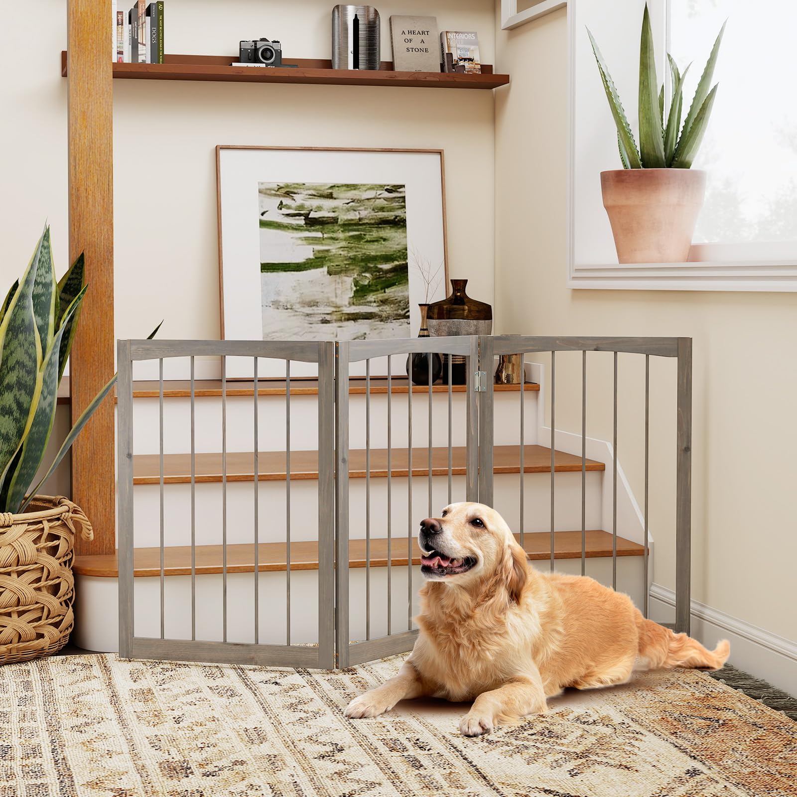 Giantex Freestanding Dog Gate for Small Medium Dogs, 63 W x 30 H Foldable 3-Panel Wooden Pet Gate, No Assembly Required, Indoor