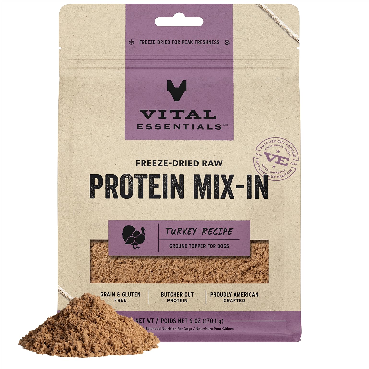 Vital Essentials Freeze Dried Raw Protein Mix-in Dog Food Topper, Turkey Ground Topper for Dogs, 6 oz