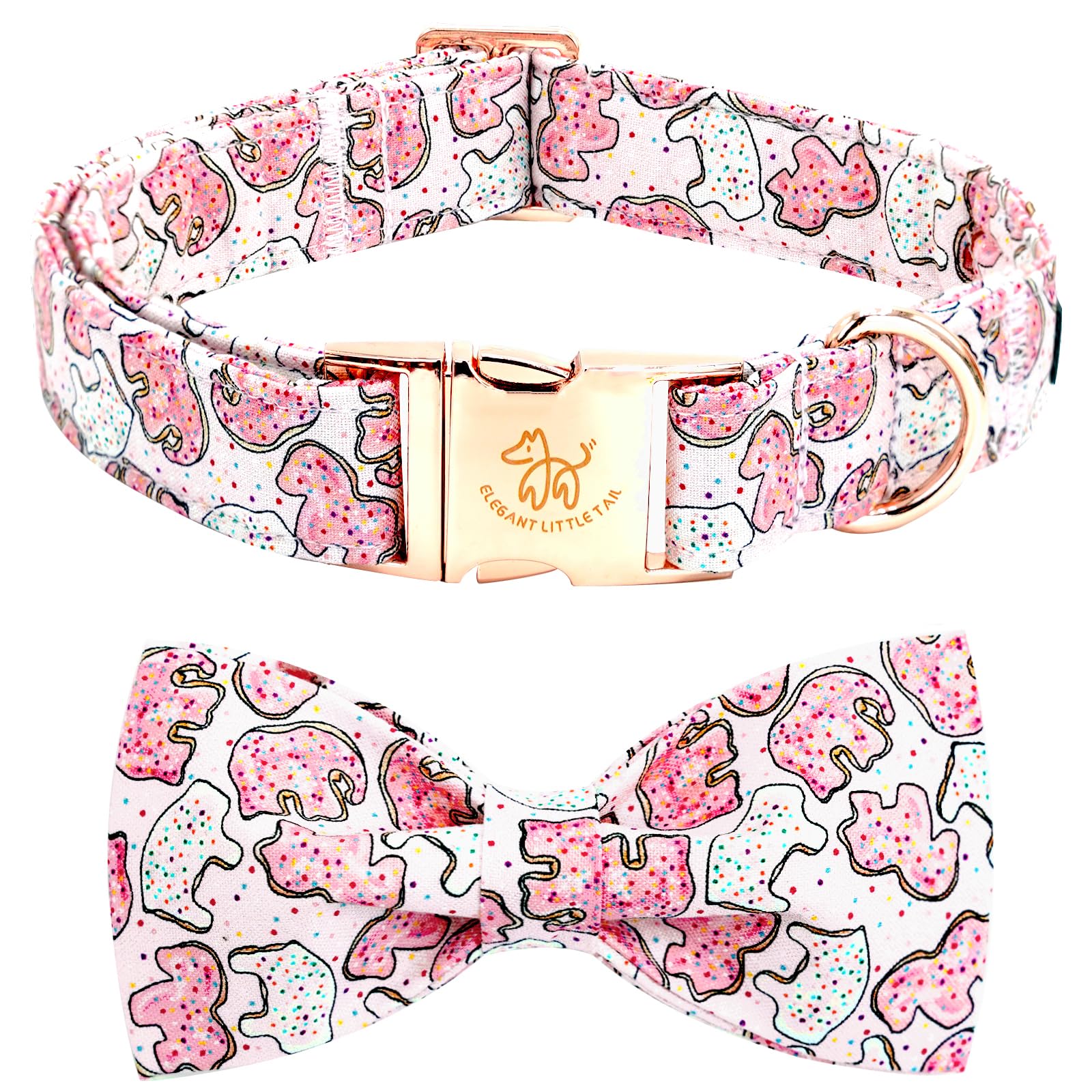 Elegant Little Tail Dog Collar, Pink Dog Collar With Bow Cute Elephant Cookies Print Cotton Soft Female Male Pet Collar Bowtie D