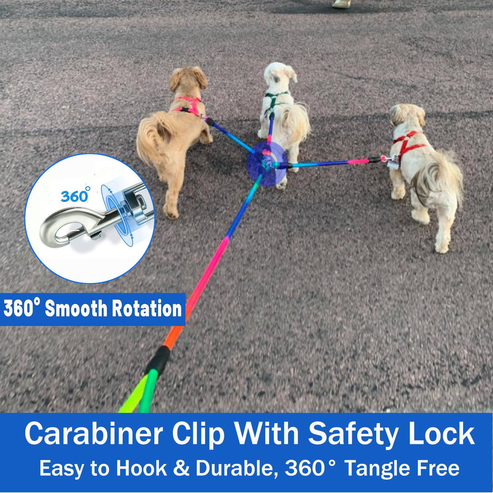 Sonqueen Heavy Duty 3 Dog Leash No Tangle Detachable 360° Swivel Device Multiple Dog Leash With Padded Handle For Two/Three Pets