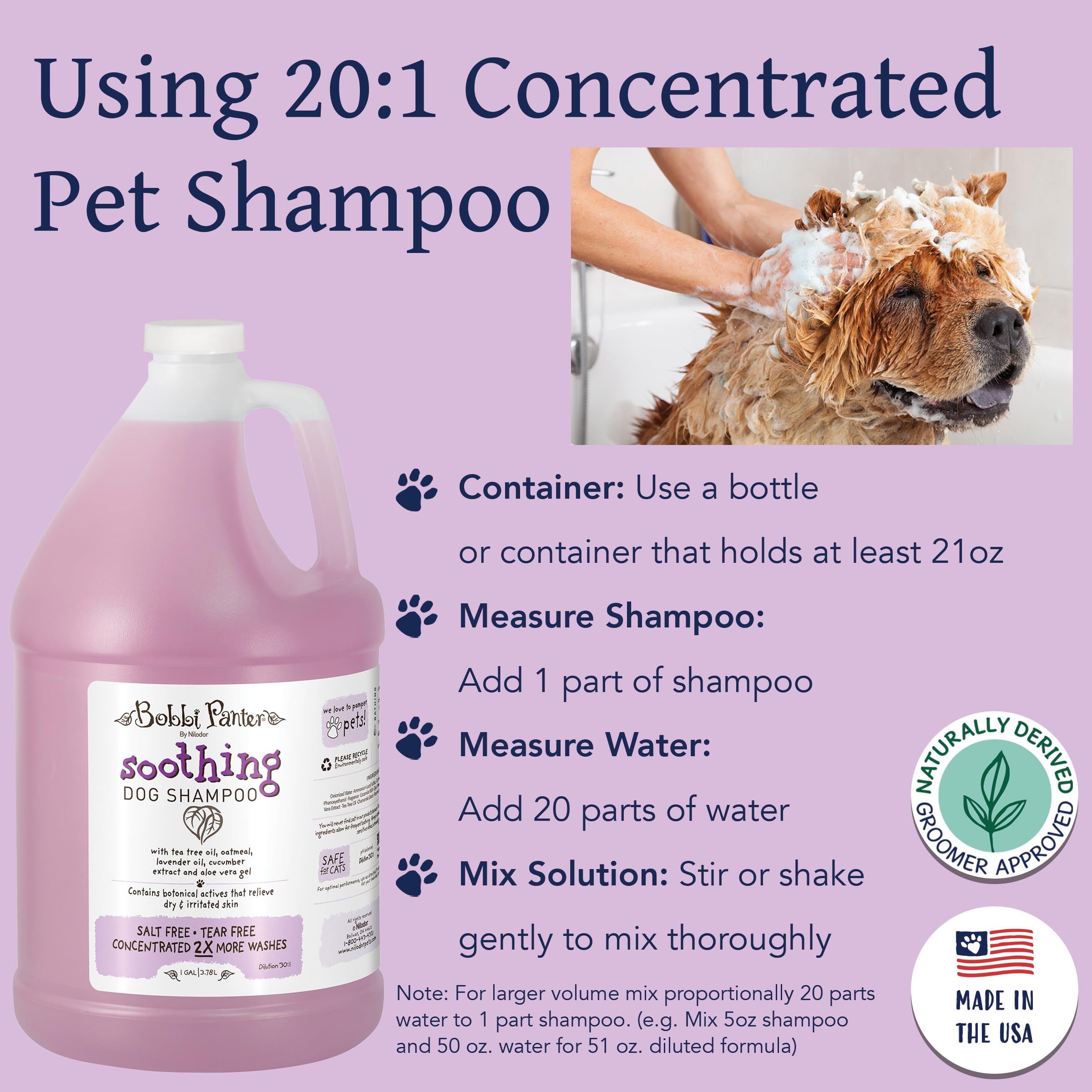 Bobbi Panter Soothing Dog Shampoo, Lavender Scent, 1 Gallon - Heals & Soothes Irritated Skin, 30:1 Concentrated Formula