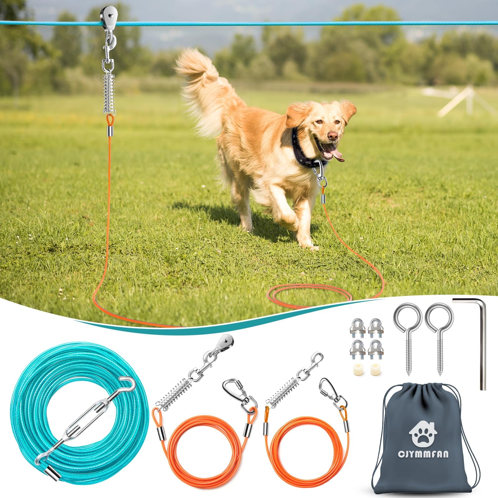 Professional Dog Runner Trolley System,Heavy Duty & Adjustable 60Ft Dog Zip Line With 10Ft & 15Ft Tie Out For Large Dogs Up To 2