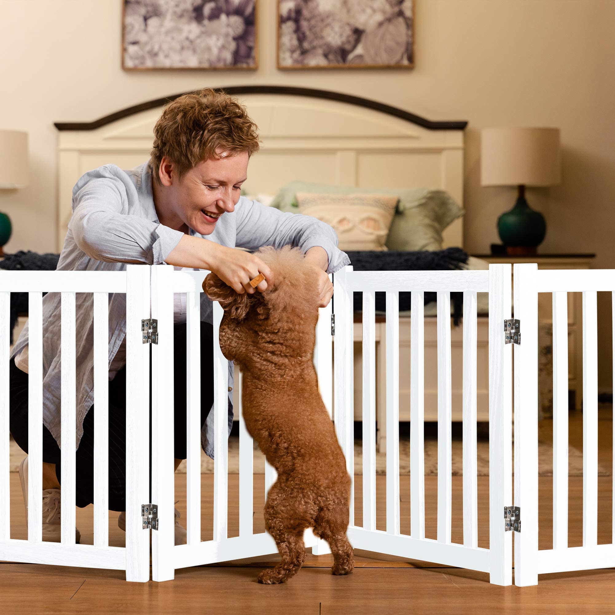 Lzrs Solid Hardwood Freestanding Pet Gate,Wooden Dog Gates For Doorways,Nature Wood Dog Gates For The House,Dog Gate For Stairs,Freestanding Indoor Gate Safety Fence,White,24' Height-4 Panels