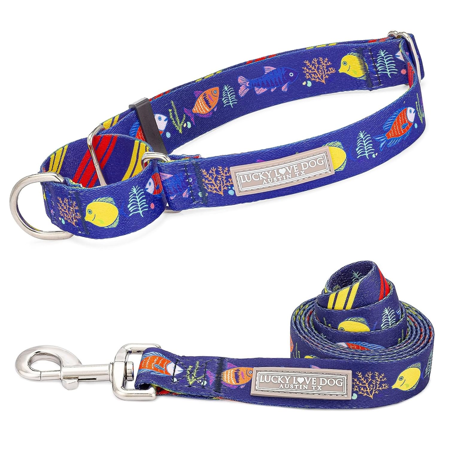 Lucky Love Dog Tropical Fish Pattern Martingale Collar And Leash Set, Summer Themed No Slip Collars For Medium Dogs, Great For W