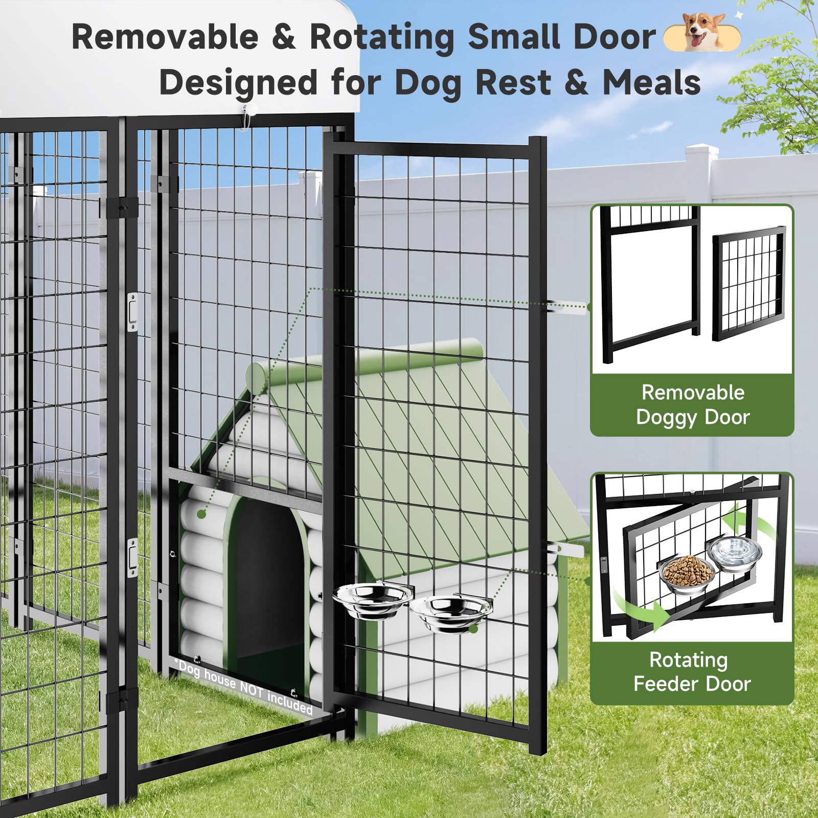 Guiferland Large Outdoor Dog Kennel with Roof, Swivel Feeders, Heavy Duty Metal, 8'x4'x6', Black, Model GFTEST003