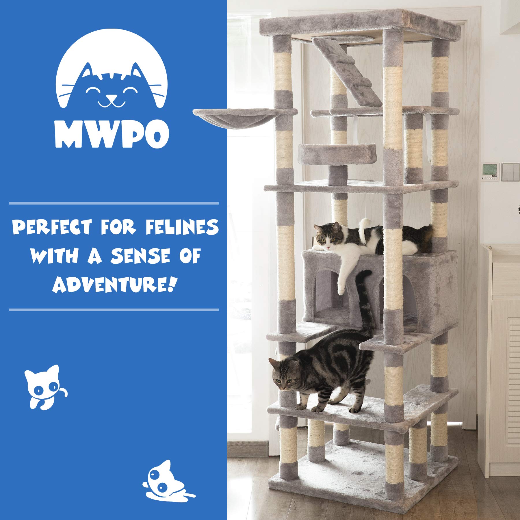 MWPO Large Cat Tree - Tall Cat Tower with Scratching Posts & Condo, Light Gray, Model US-63-EAA, Ideal Playground for Cats & Kittens