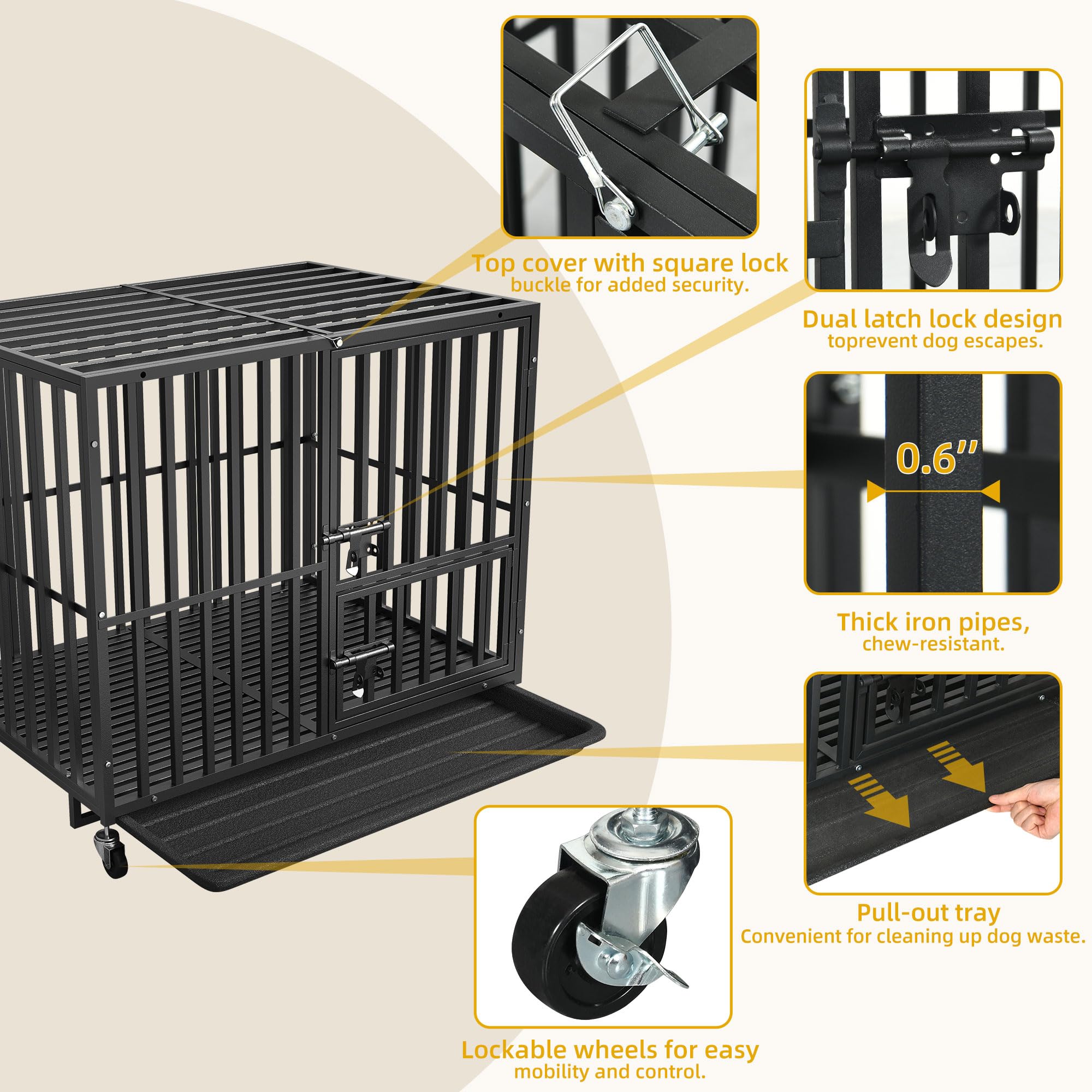 DWVO Heavy Duty Dog Crate, 38 Inch Escape-Proof Dog Cage Indoor Kennel for Medium Small Dogs with Lockable Wheels, 3-Door Design