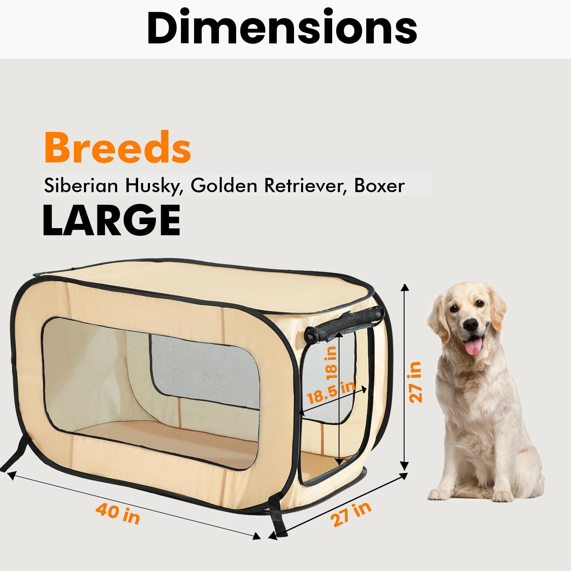 Beatrice Home Fashions Portable, Collapsible, Pop Up Kennel Travel Cat And Dog Crate, 40'' L X 27'' W X 27'' H, Beige