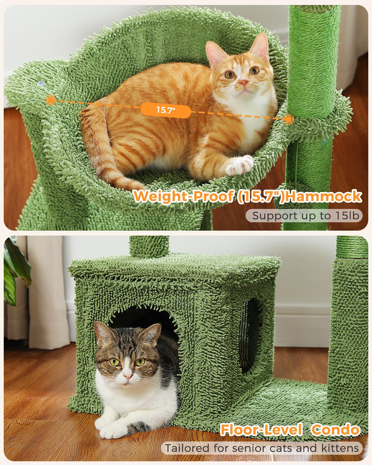 Muttros Cactus Cat Tree 40' Cat Tower With Large Metal Carpet Hammock, Cat Scratching Post For Indoor Cats With Condo& Dangling Ball, Green