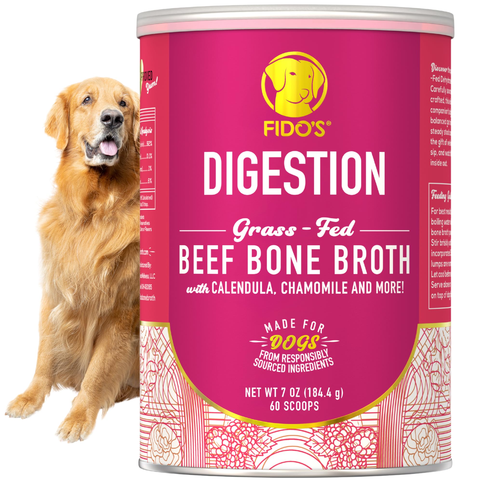 Fidos Digestion Bone Broth for Dogs - Grass-Fed Beef Bone Broth Powder & Organic Herbs - Supports Digestion & Gut Health - Dog 