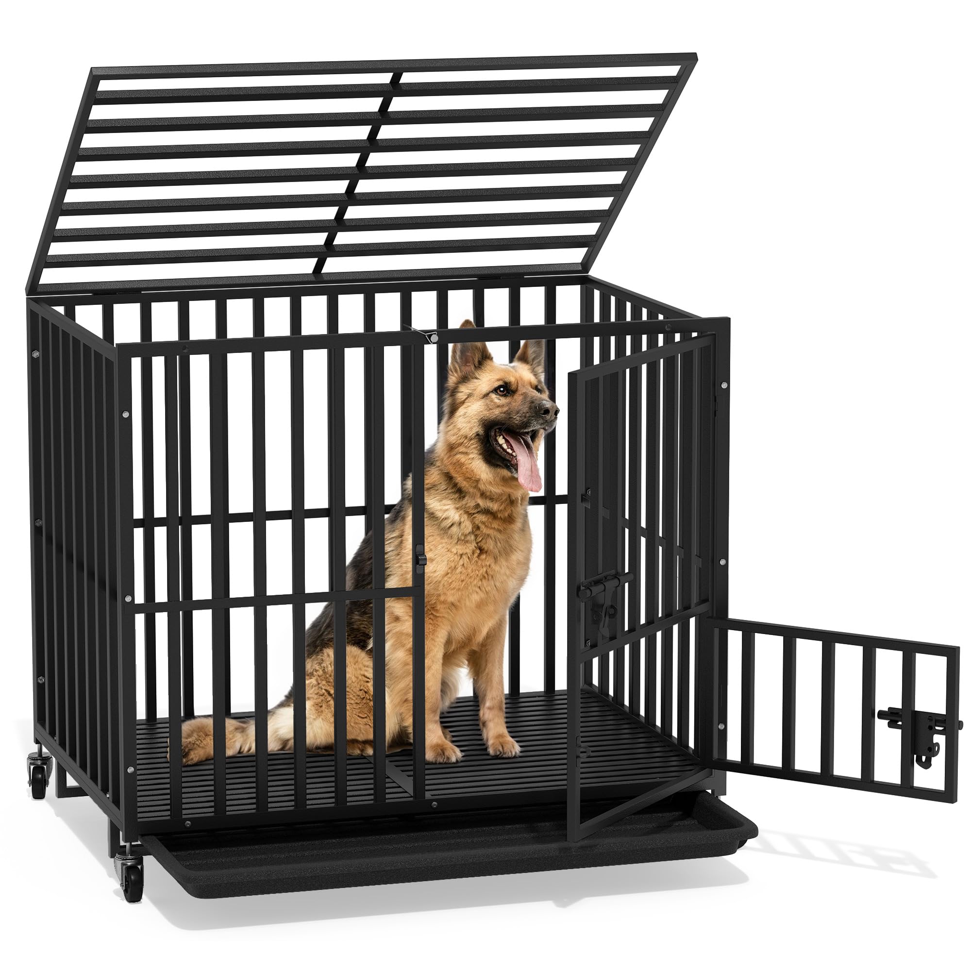 DWVO Heavy Duty Dog Crate, 38 Inch Escape-Proof Dog Cage Indoor Kennel for Medium Small Dogs with Lockable Wheels, 3-Door Design