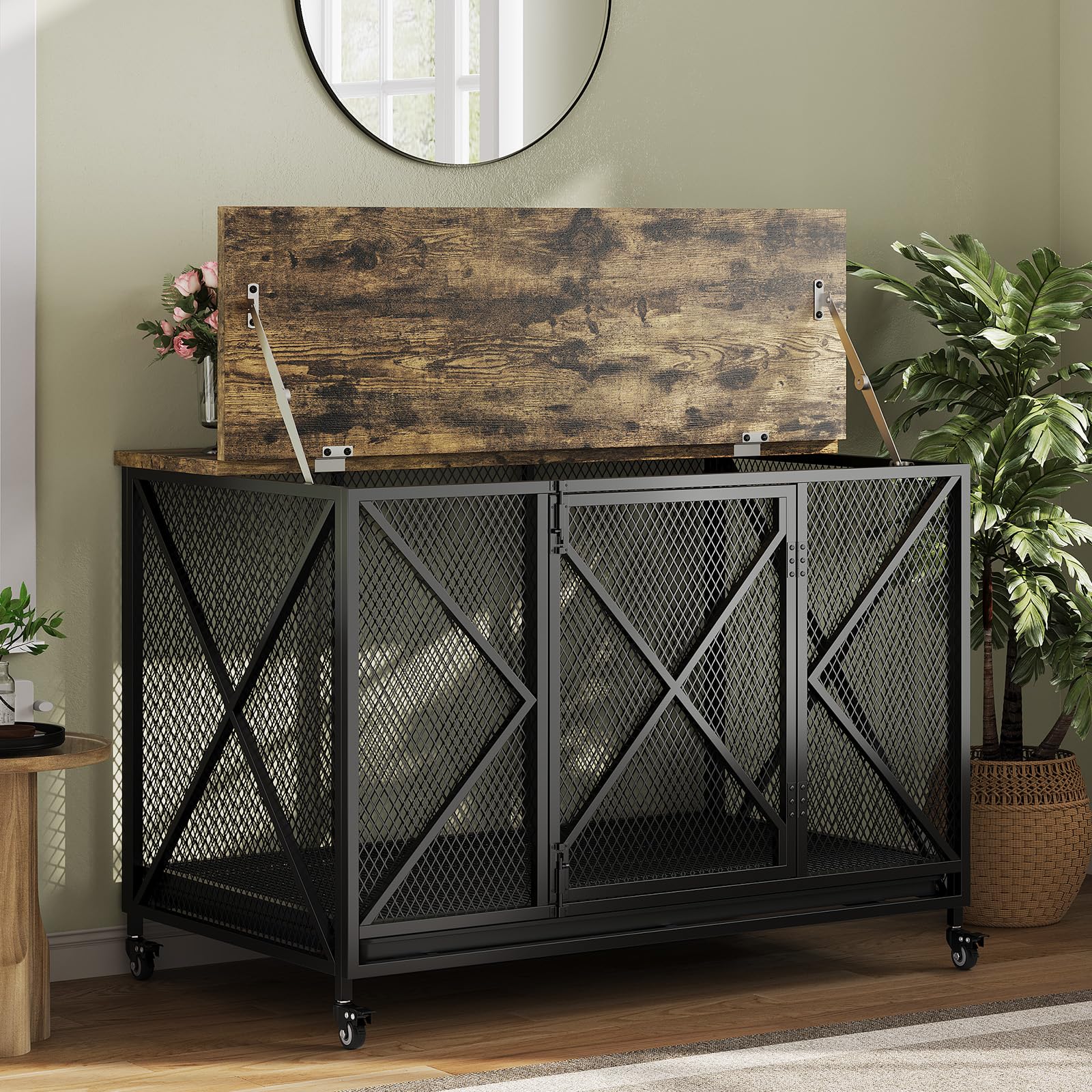 GarveeLife 48 in Heavy Duty Dog Crate Furniture with Wheels, Flip Top Dog Kennel End Table with Removable Tray, Multi-Functional