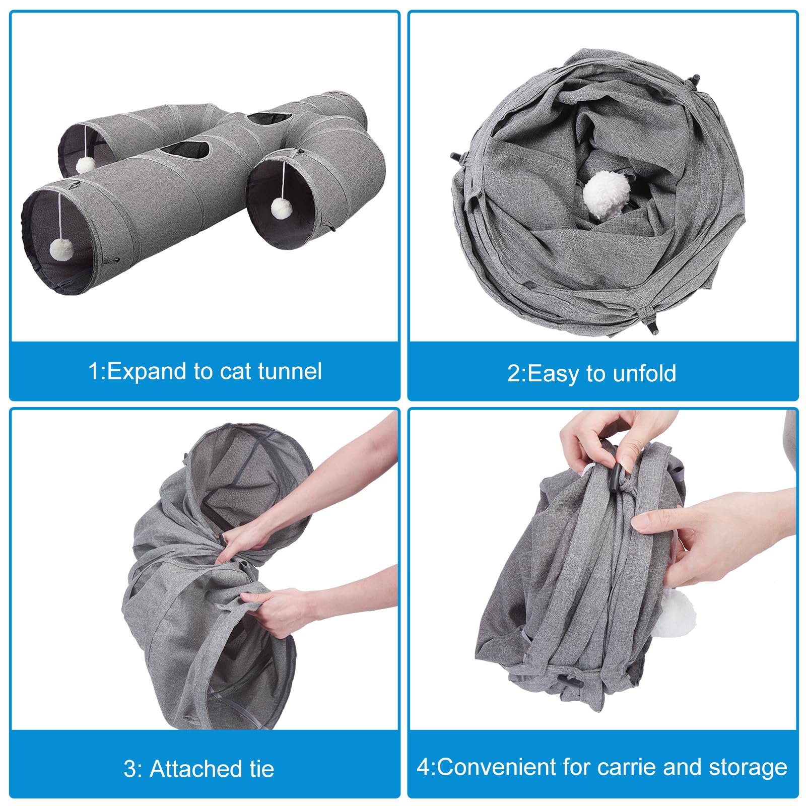 Ownpets Cat Tunnel Toy - Large 12" Diameter, Sturdy Oxford Fabric, Gray, Cactus Shape, Collapsible with Peek Hole & Wand Toy