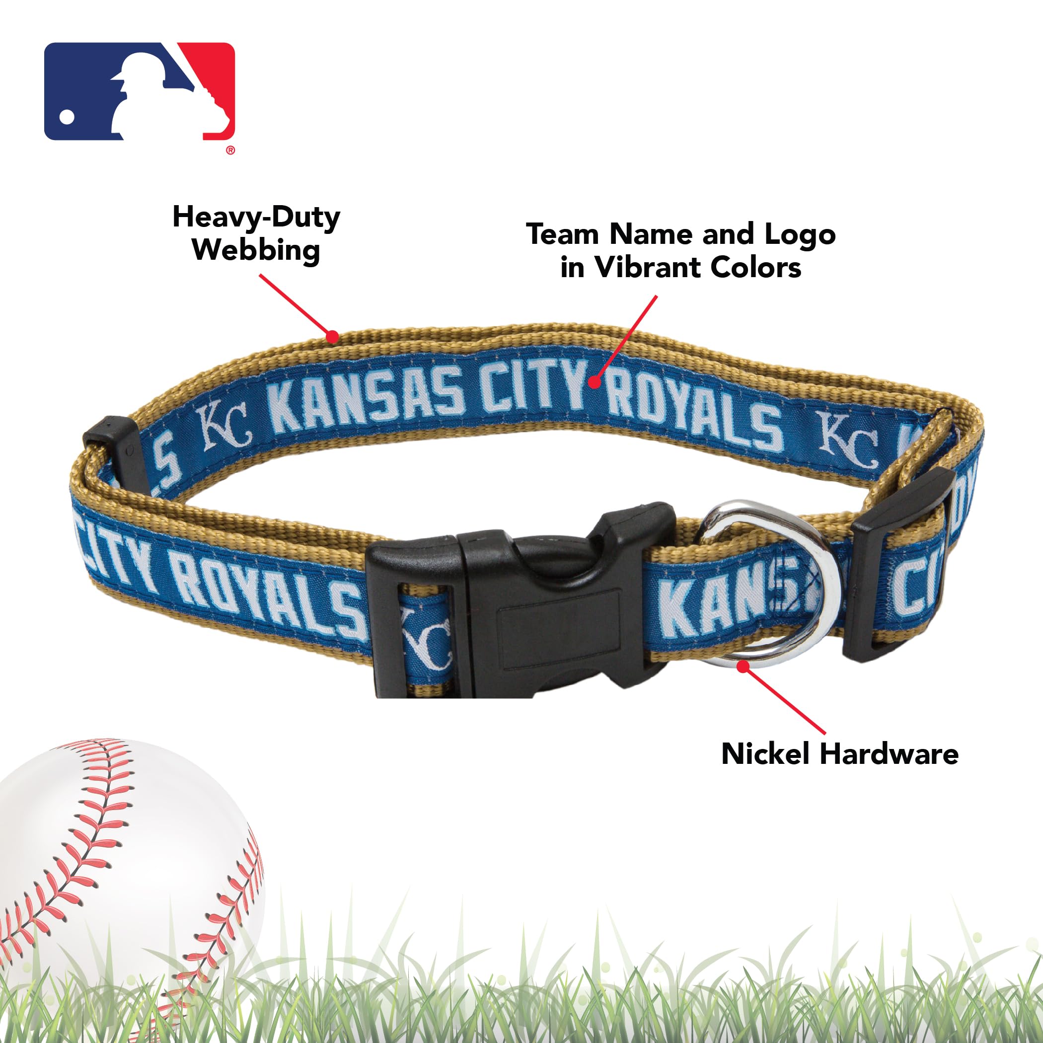 MLB Kansas City Royals Licensed PET COLLAR- Heavy-Duty, Strong, and Durable Dog Collar. Available in 29 Baseball Teams and 4 Siz