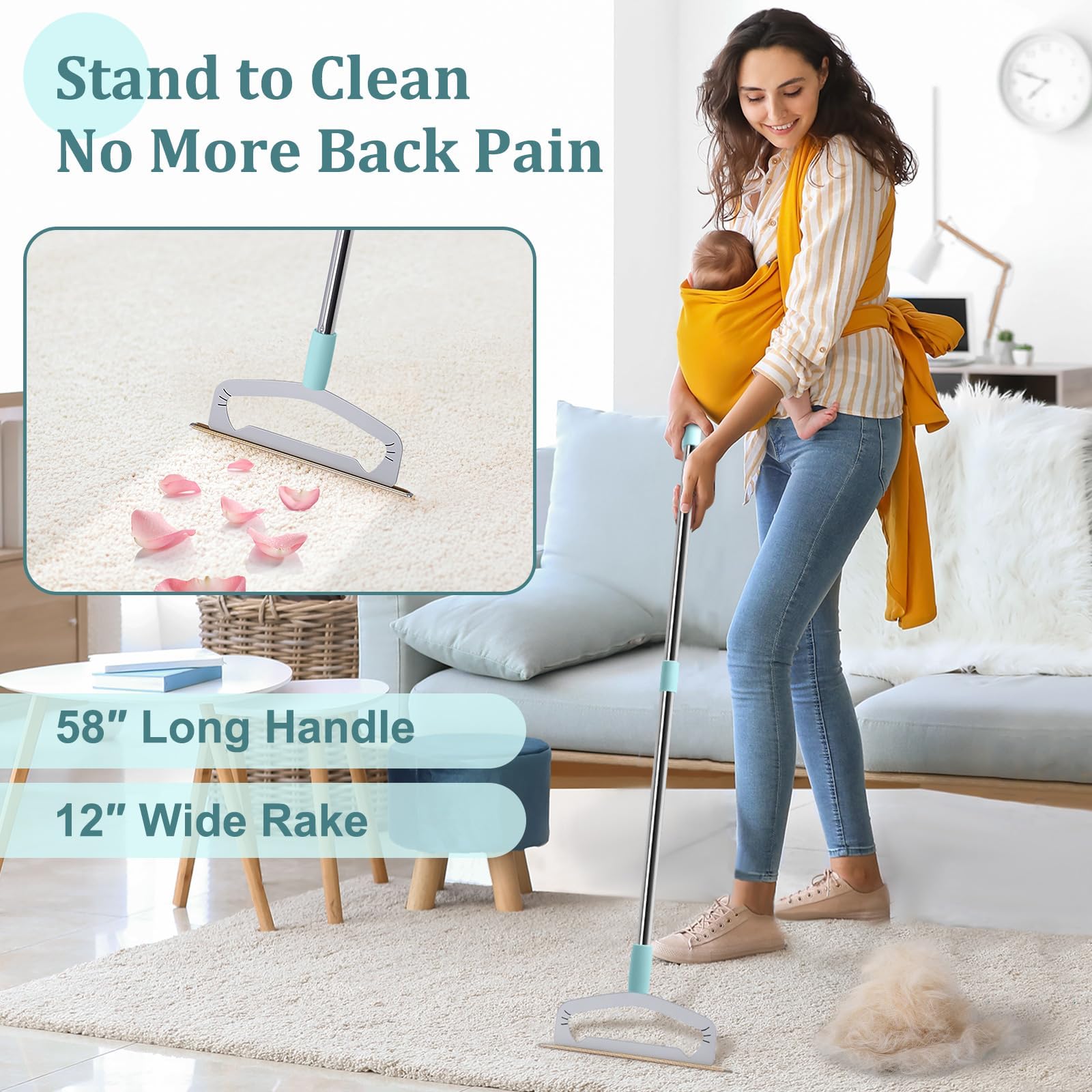 Oaknovila Large Metal Carpet Rake Pet Hair Removal Tool - 58    Handle Thicker Poles 12    Wide Dog Cat Hair Remover- 4 Length A