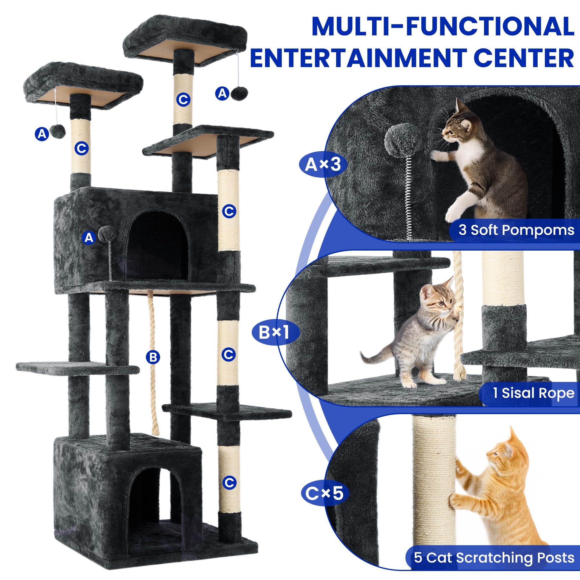 TSCOMON 69-Inch Tall Cat Tree with Huge Condos, Multi-Functional Cat Tower with Top Perches, Scratching Posts, Pompoms, for Clim