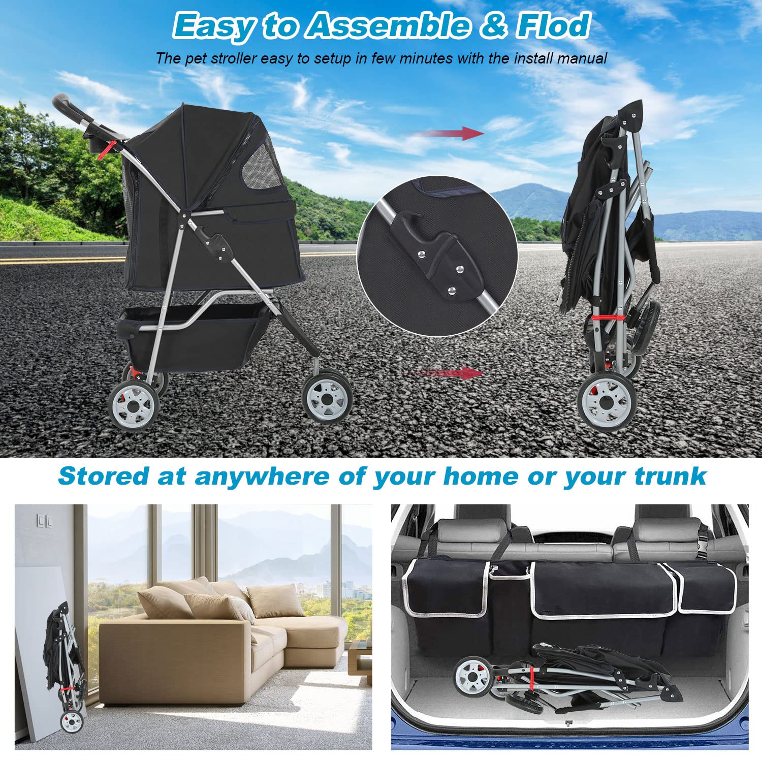 BestPet 3 Wheels Pet Stroller Dog Cat Cage Jogger Cats Travel Folding Carrier Waterproof Puppy with Cup Holder & Removable Liner