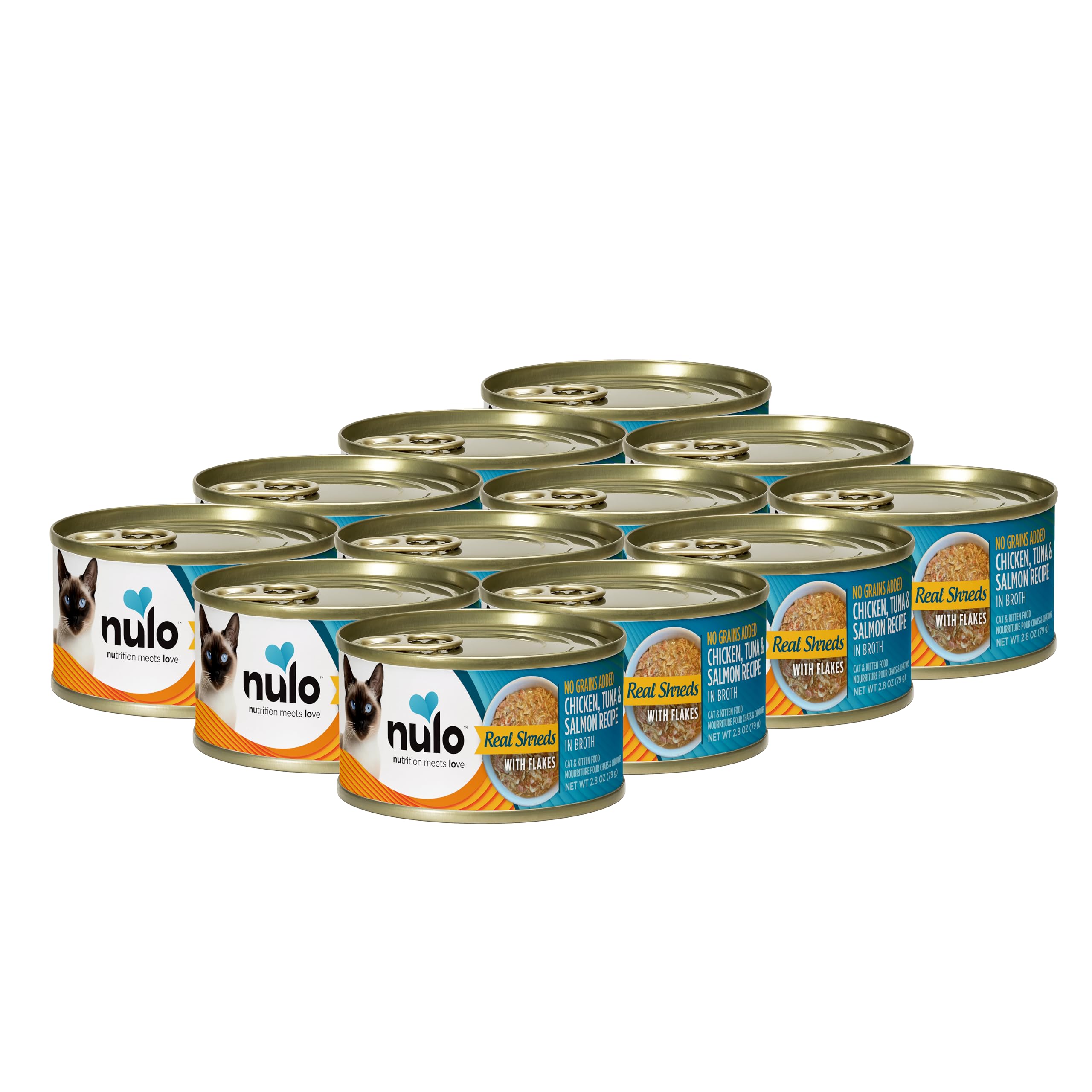 Nulo Grain-Free Real Shreds with Flakes Wet Canned Cat & Kitten Food, Chicken, Tuna, and Salmon in Broth, 2.8 Ounce, 12 Cans