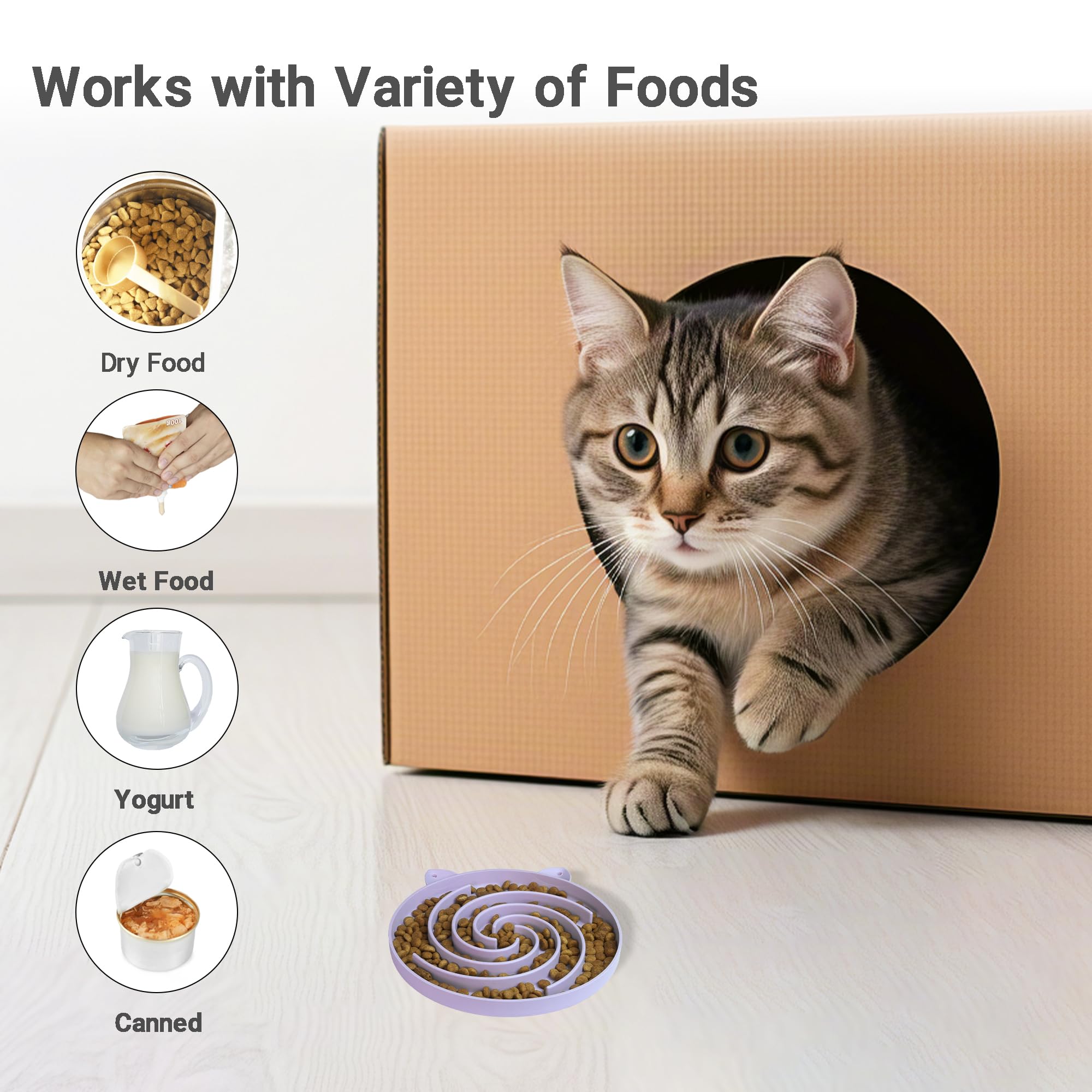 Bifeaw Slow Feeder Cat Bowl, Easy to Clean Silicone Bowl, Ideal for Dry and Wet Food (Purple and White)