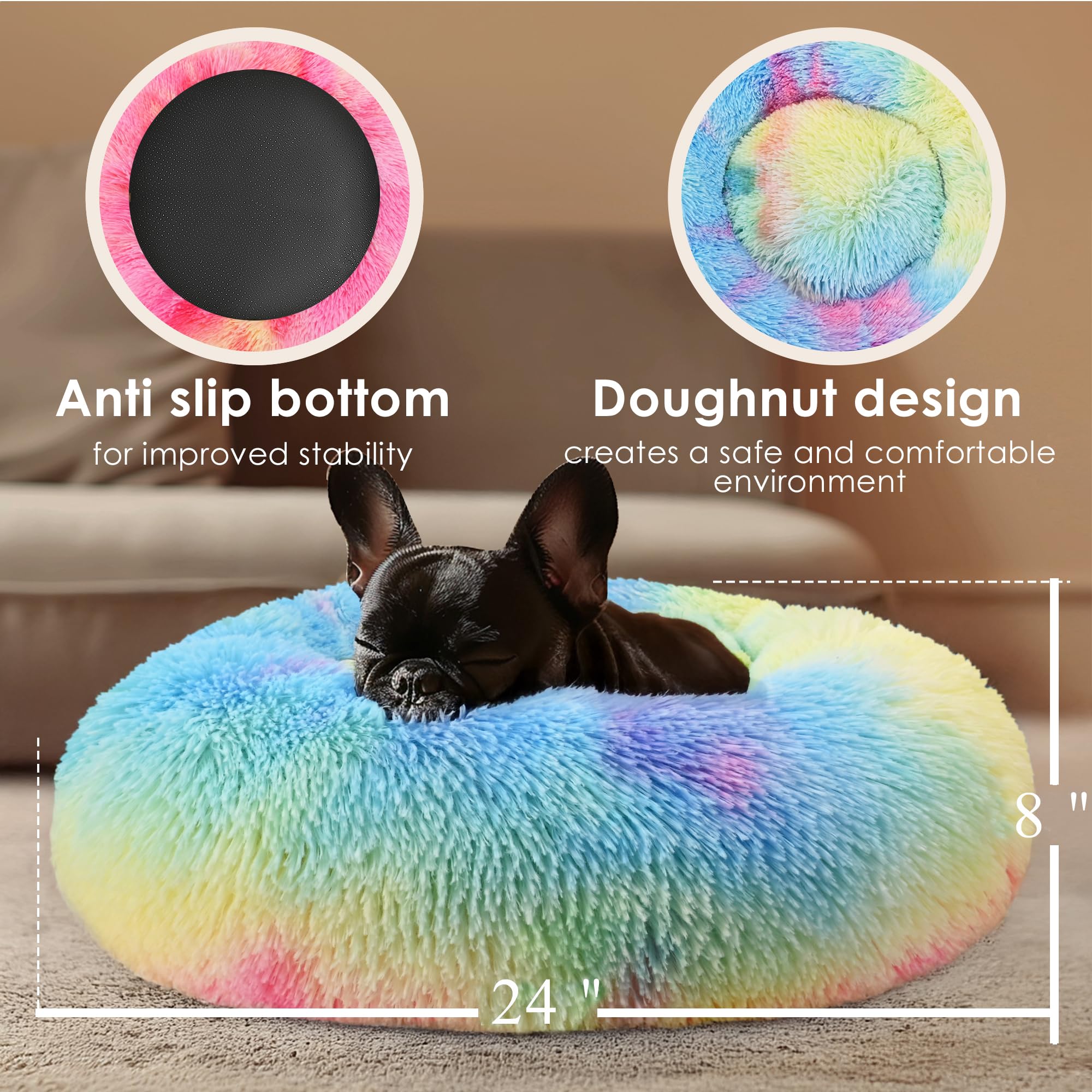 Dogs Bed for Small Dogs, Anti-Anxiety Washable Round Bed (Rainbow, 24.0 L x 24.0 W x 8.0 Th)