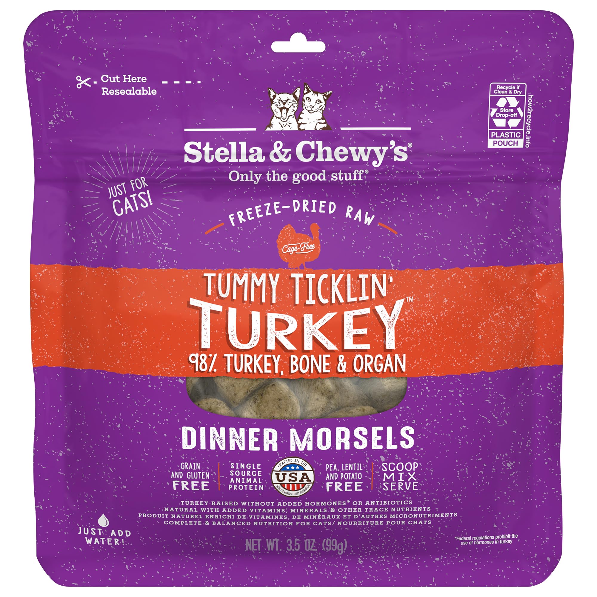Stella & Chewys Freeze-Dried Raw Cat Dinner Morsels - Grain Free, Protein Rich Cat & Kitten Food - Tummy Ticklin Turkey Recipe -