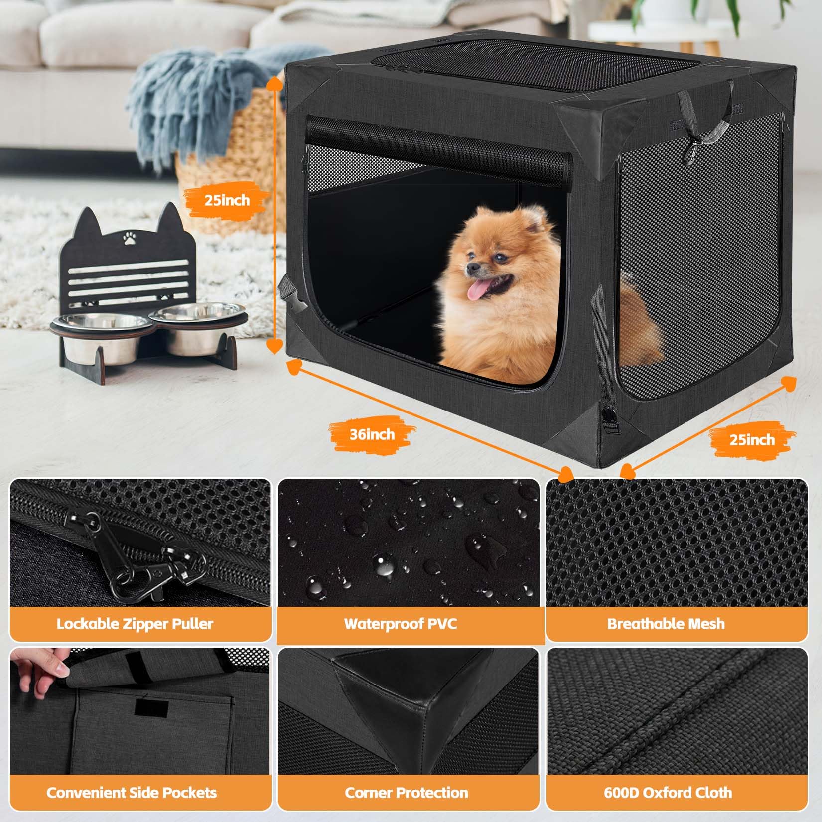 Dog Crate 36x25x25 Inch Dog Crate for Large Dogs, Portable and Foldable Design Perfect for Travel or Home Use, Dog Kennel with 3