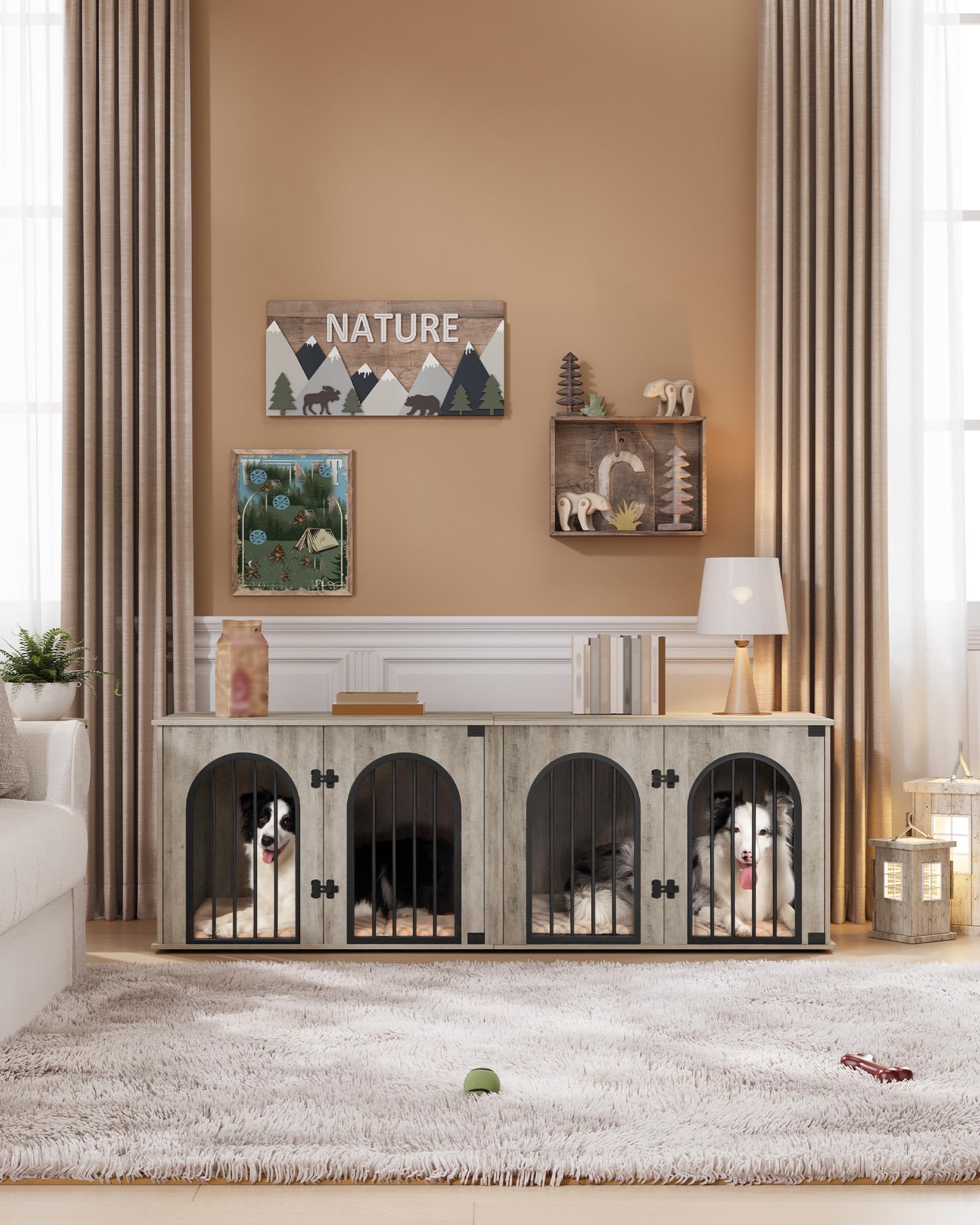 Hzuaneri 70.9 Dog Crate Furniture for 2 Dogs, Heavy Duty Indoor Dog Kennel TV Stand, XXL Wooden Dog Cage with Divider for Medium