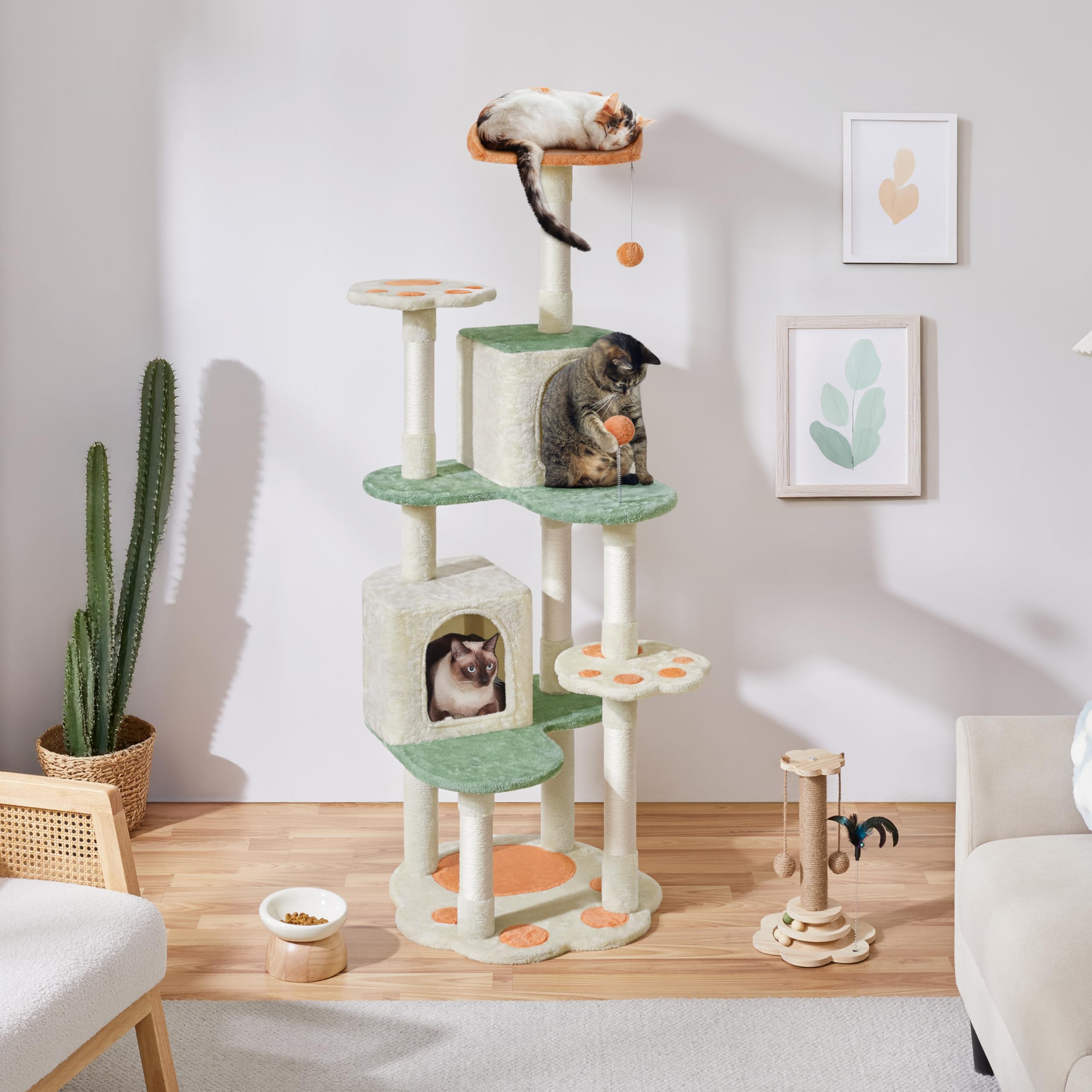 Yaheetech 65in Cat Tree, Cat Tower with Heart-Shaped Platform, Hanging Ball, Double Condos, Scratching Posts for Indoor Cats, Ca